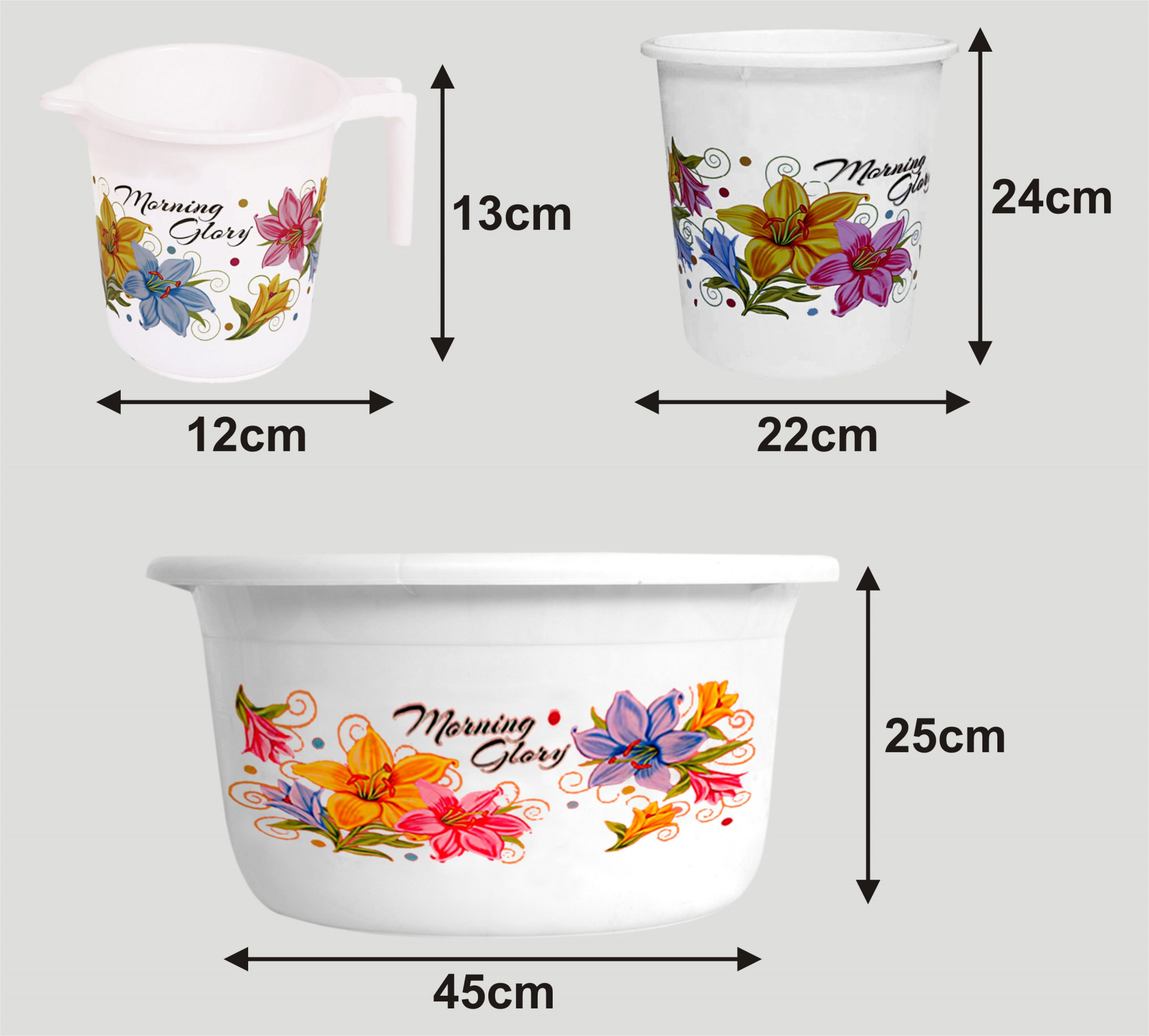 Kuber Industries Printed 3 Pieces Unbreakable Virgin Plastic Multipurpose Mug, Dustbin & Tub Set (White)