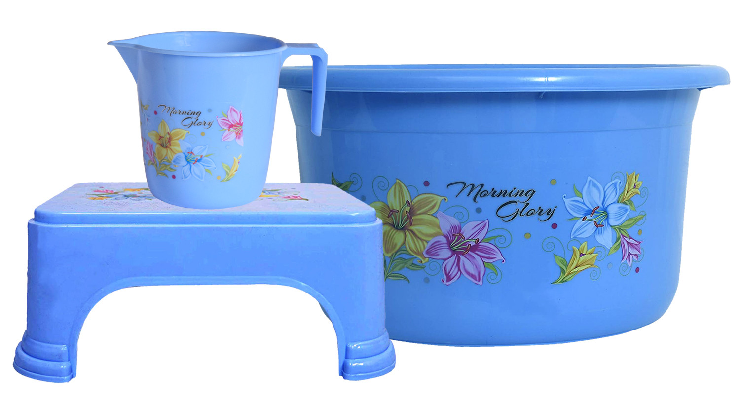 Kuber Industries Printed 3 Pieces Unbreakable Virgin Plastic Multipurpose Mug, Tub & Stool Set (Blue)