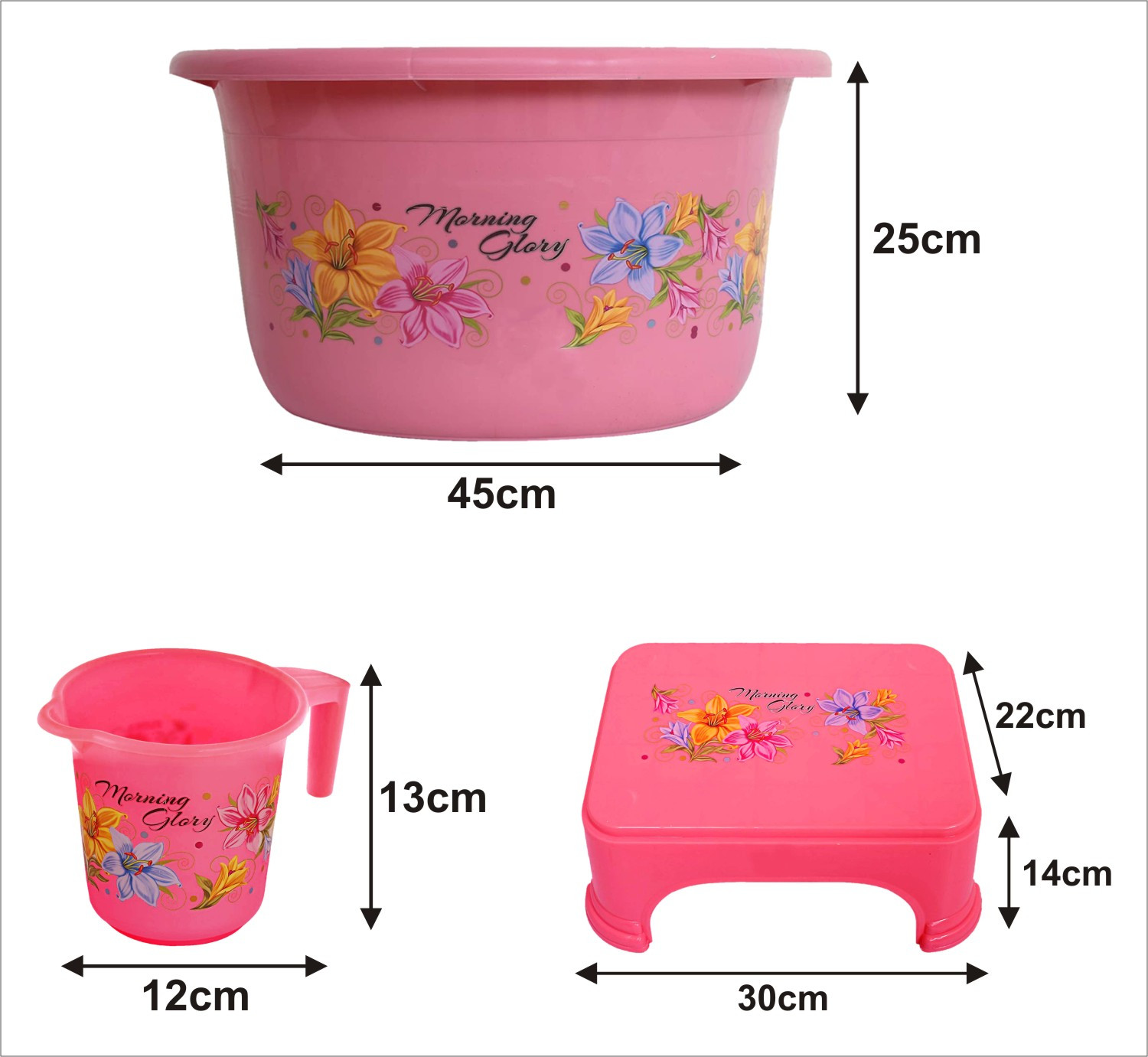 Kuber Industries Printed 3 Pieces Unbreakable Virgin Plastic Multipurpose Mug, Tub & Stool Set (Pink)