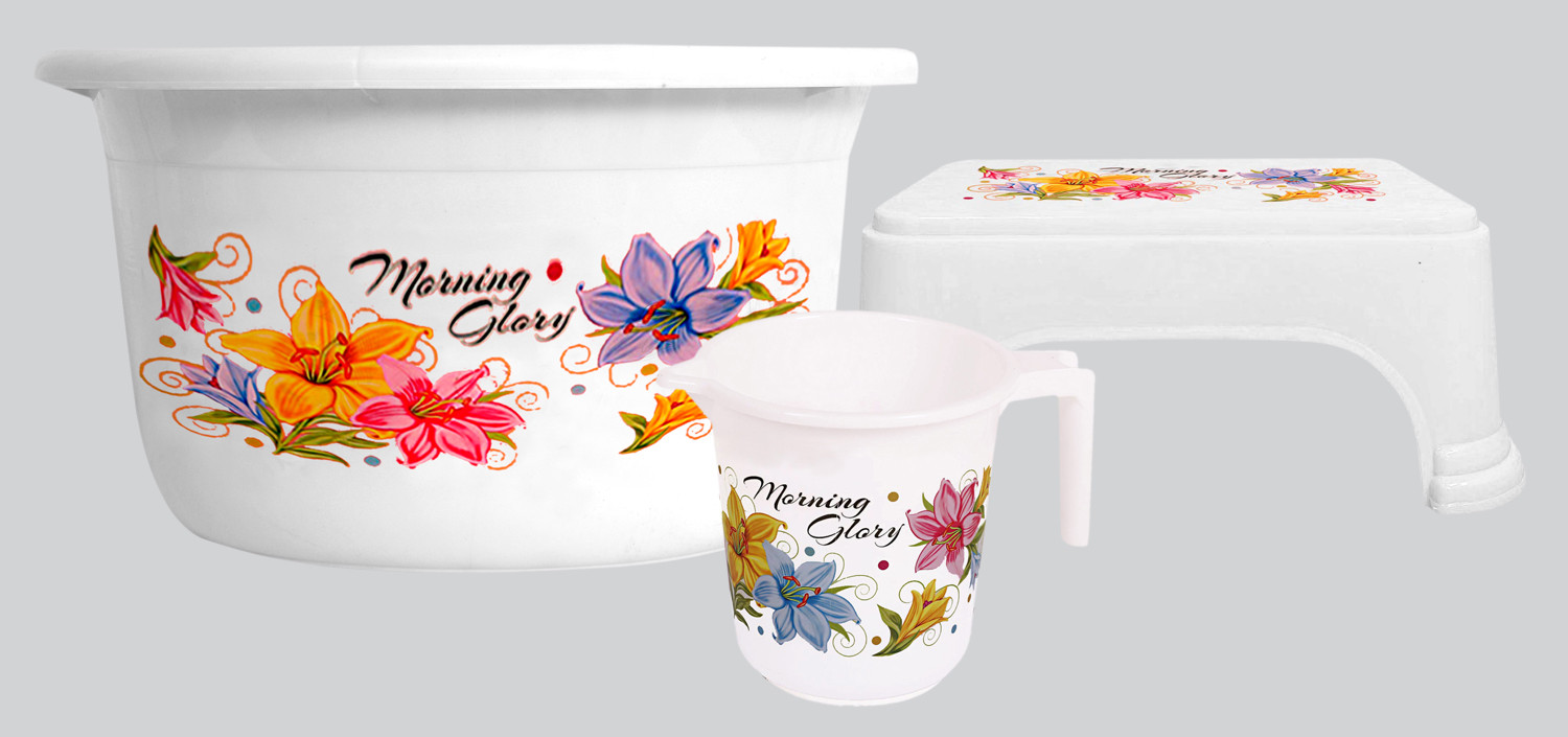 Kuber Industries Printed 3 Pieces Unbreakable Virgin Plastic Multipurpose Mug, Tub & Stool Set (White)