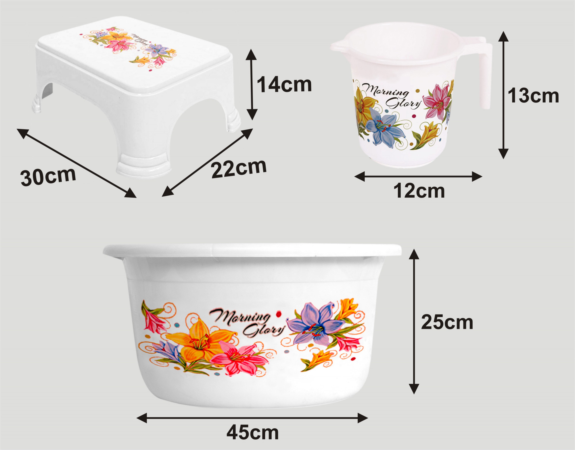 Kuber Industries Printed 3 Pieces Unbreakable Virgin Plastic Multipurpose Mug, Tub & Stool Set (White)
