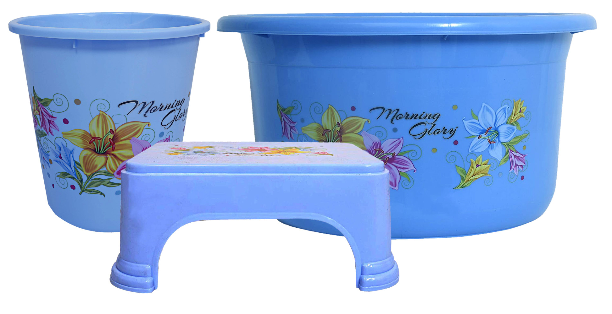 Kuber Industries Printed 3 Pieces Unbreakable Virgin Plastic Multipurpose Tub, Dustbin & Stool Set (Blue)