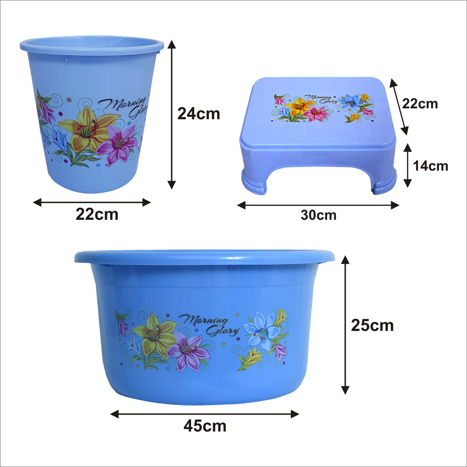 Kuber Industries Printed 3 Pieces Unbreakable Virgin Plastic Multipurpose Tub, Dustbin & Stool Set (Blue)