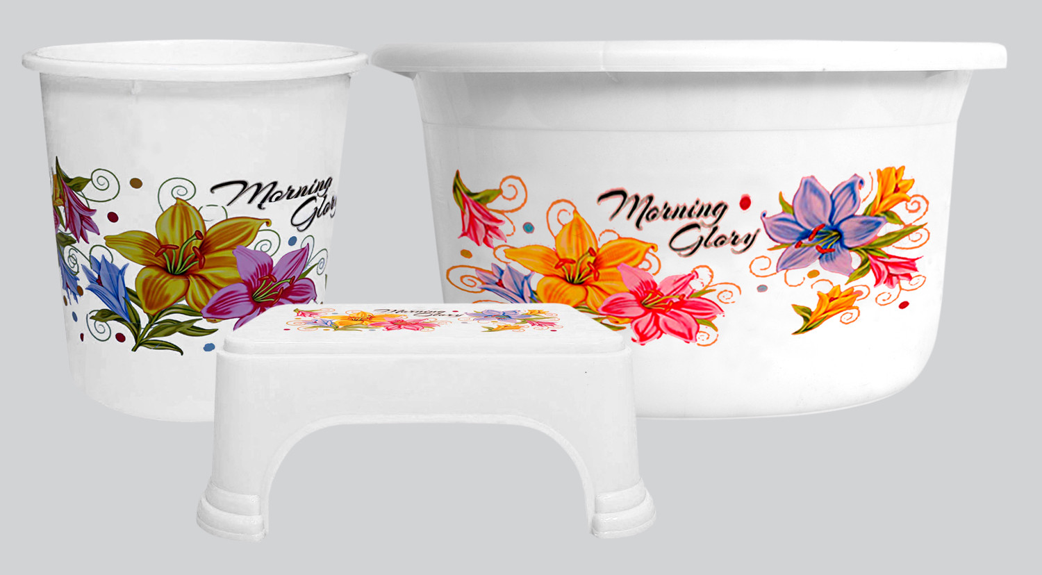 Kuber Industries Printed 3 Pieces Unbreakable Virgin Plastic Multipurpose Tub, Dustbin & Stool Set (White)