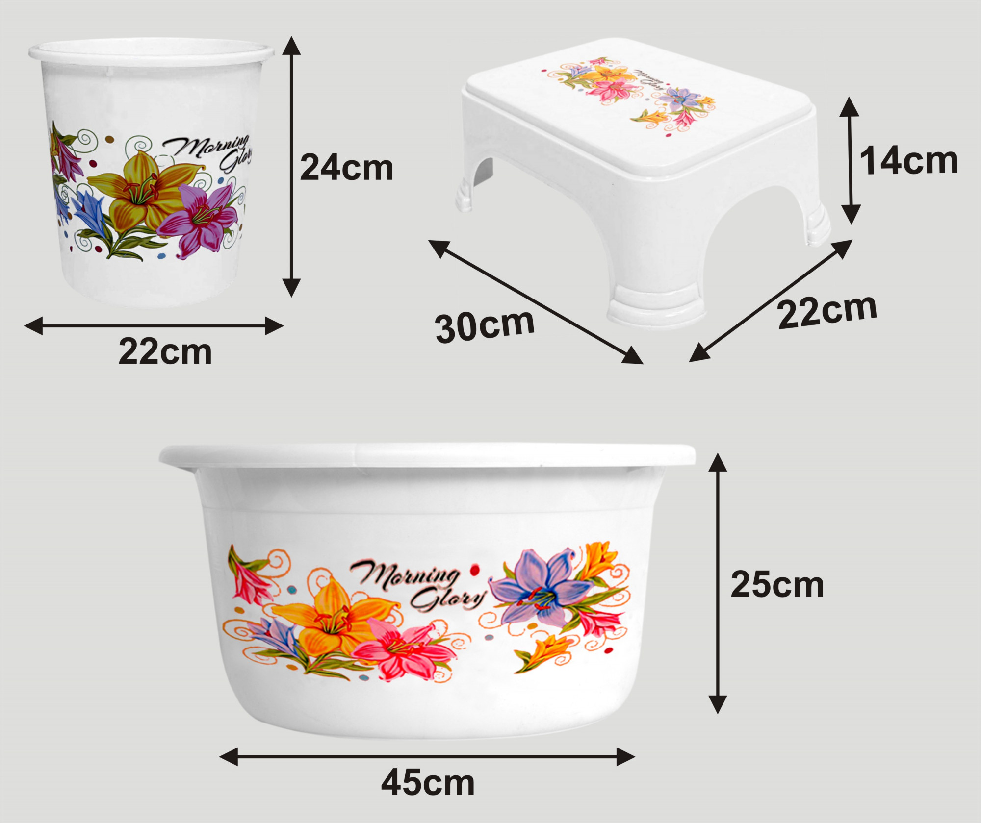 Kuber Industries Printed 3 Pieces Unbreakable Virgin Plastic Multipurpose Tub, Dustbin & Stool Set (White)