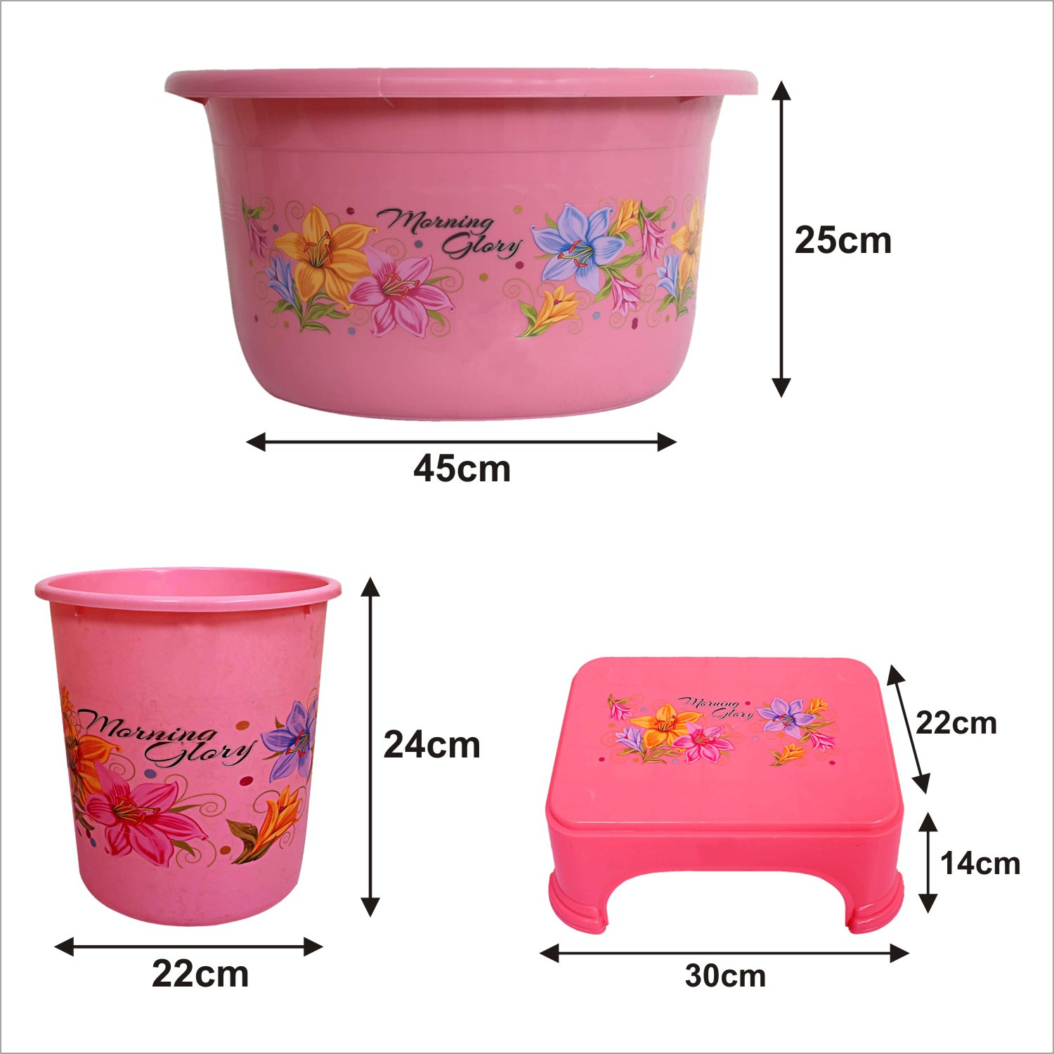 Kuber Industries Printed 3 Pieces Unbreakable Virgin Plastic Multipurpose Tub, Dustbin & Stool Set (Pink)