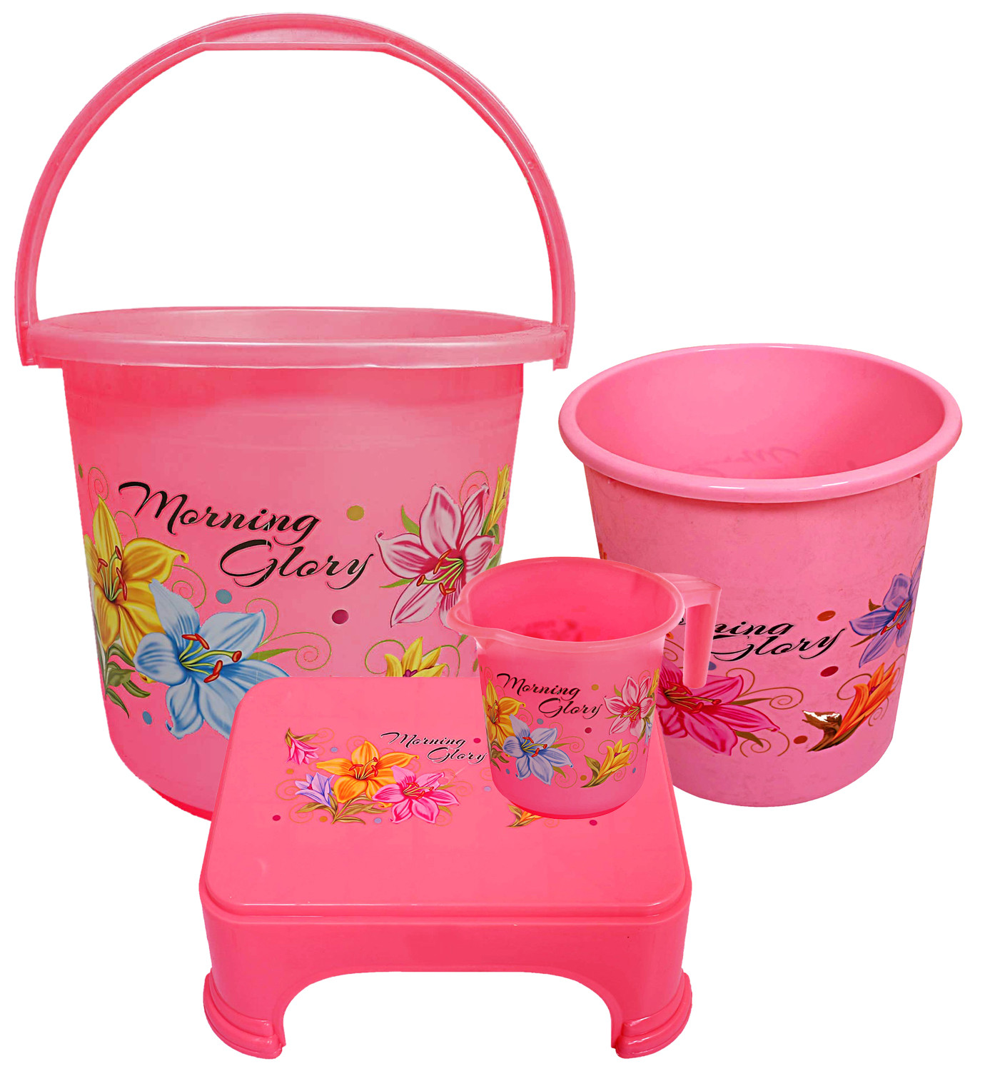 Kuber Industries Printed 4 Pieces Unbreakable Virgin Plastic Multipurpose Bucket, Dustbin, Mug & Stool Set (Pink)