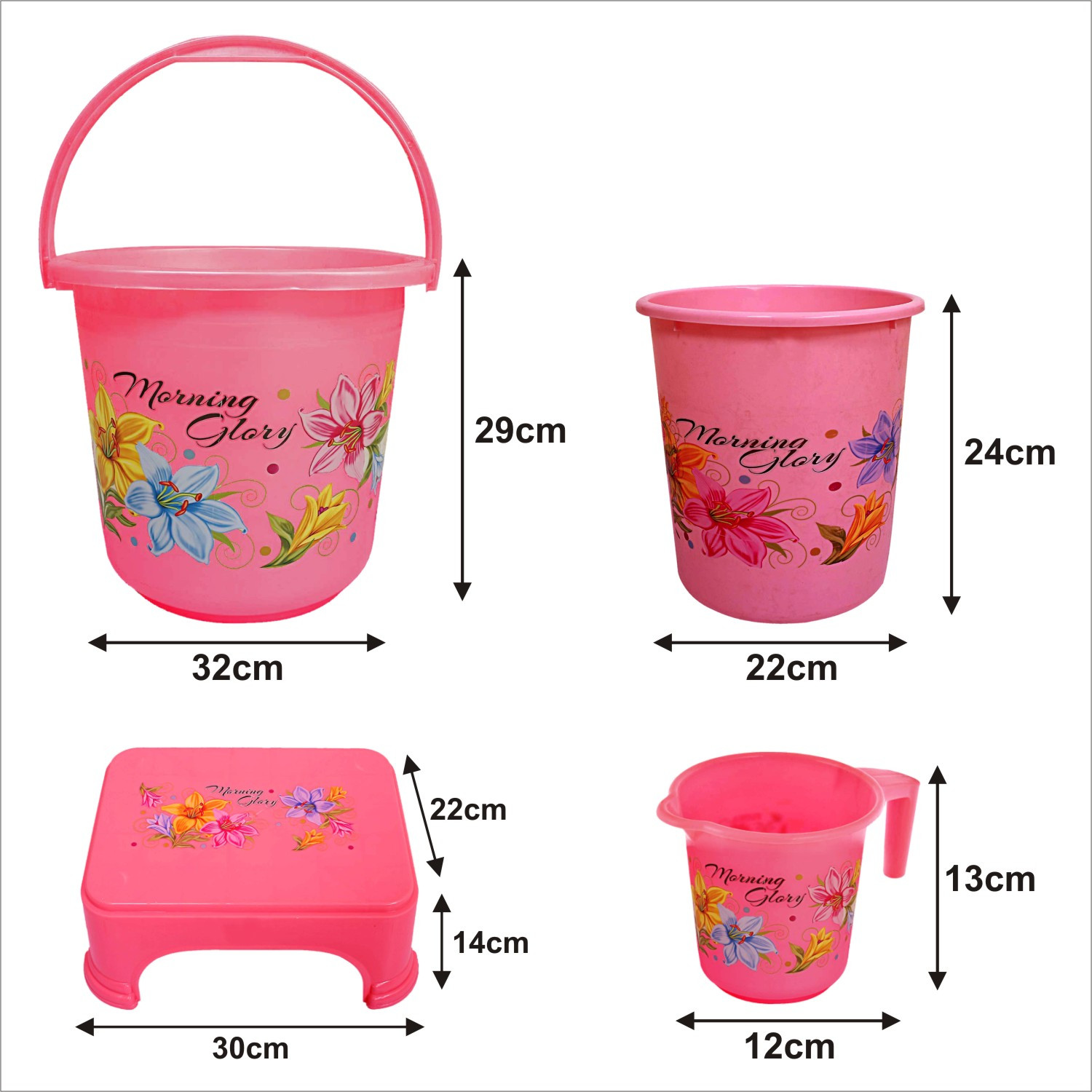 Kuber Industries Printed 4 Pieces Unbreakable Virgin Plastic Multipurpose Bucket, Dustbin, Mug & Stool Set (Pink)