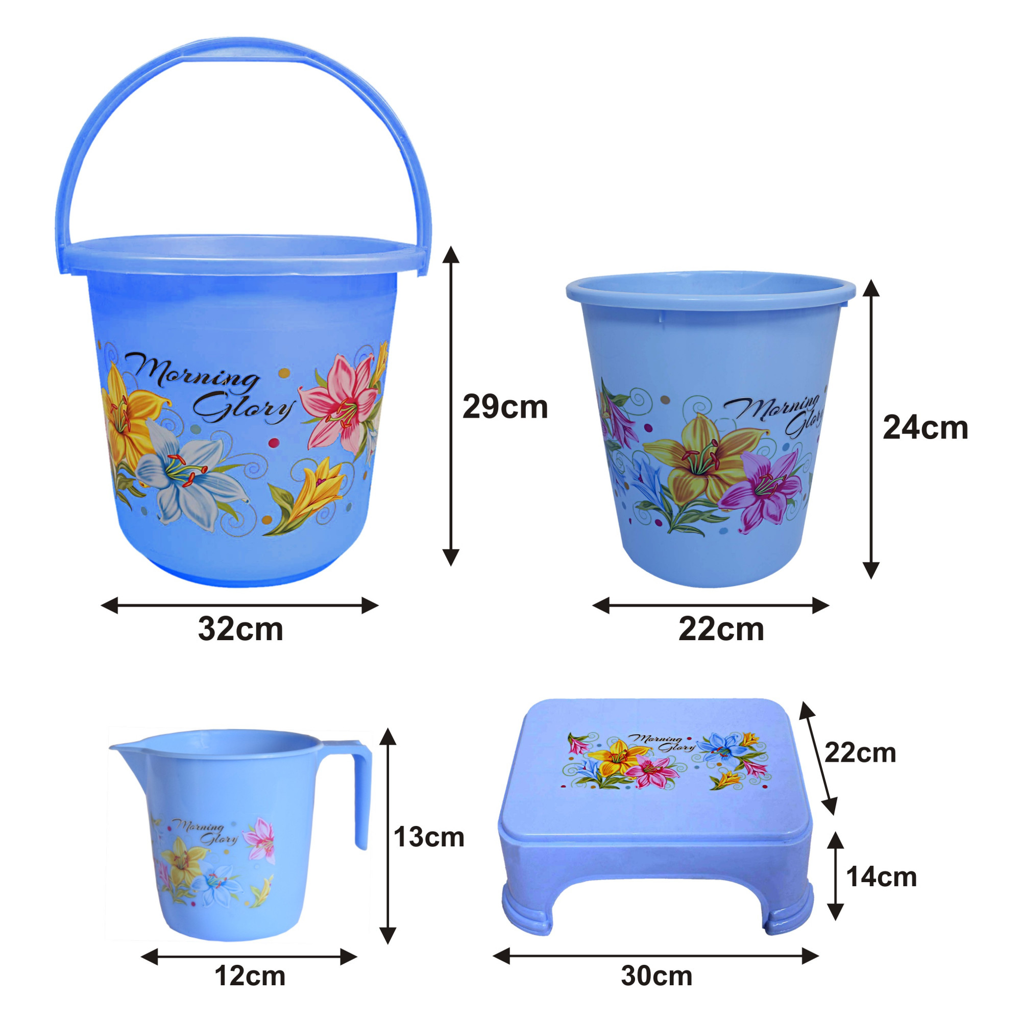 Kuber Industries Printed 4 Pieces Unbreakable Virgin Plastic Multipurpose Bucket, Dustbin, Mug & Stool Set (Blue)