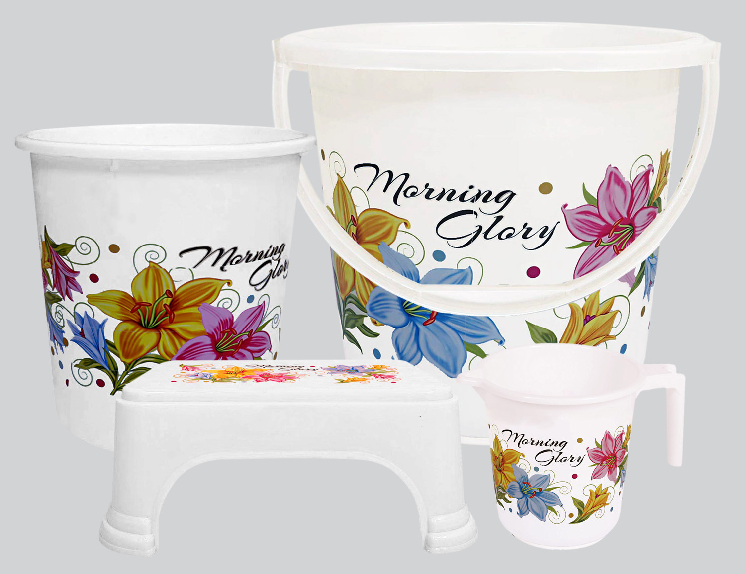 Kuber Industries Printed 4 Pieces Unbreakable Virgin Plastic Multipurpose Bucket, Dustbin, Mug & Stool Set (White)