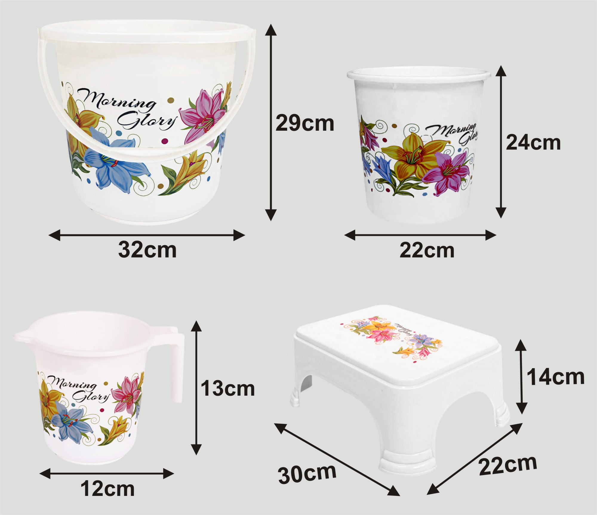 Kuber Industries Printed 4 Pieces Unbreakable Virgin Plastic Multipurpose Bucket, Dustbin, Mug & Stool Set (White)