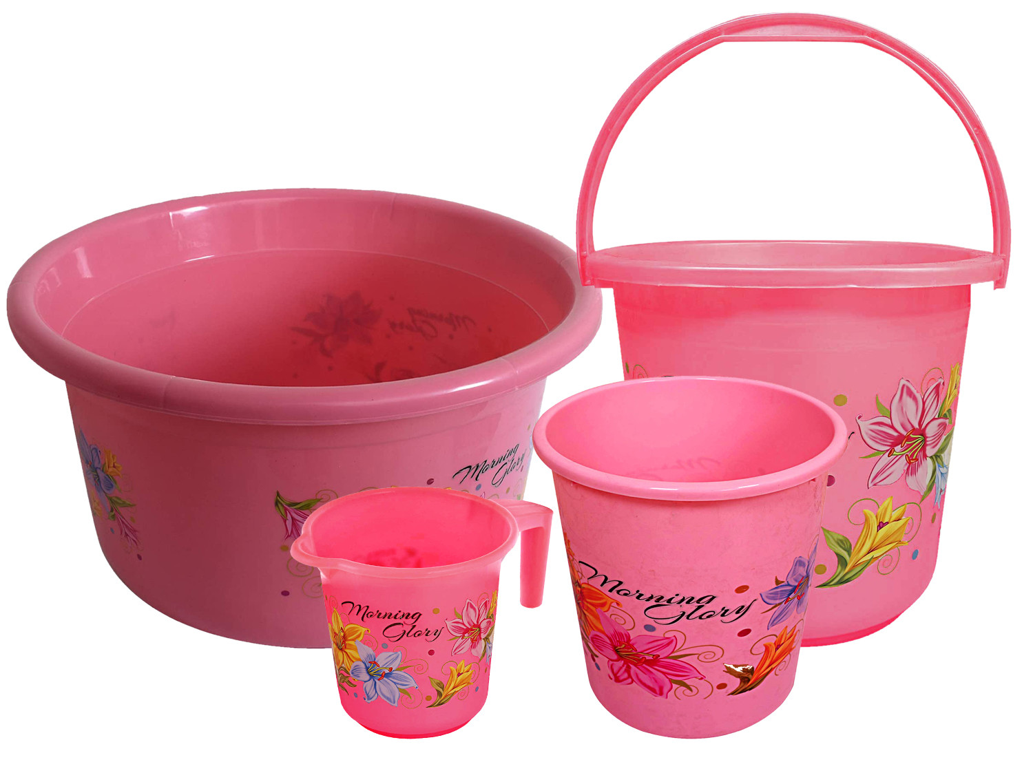 Kuber Industries Printed 4 Pieces Unbreakable Virgin Plastic Multipurpose Bucket, Dustbin, Mug & Tub Set (Pink)