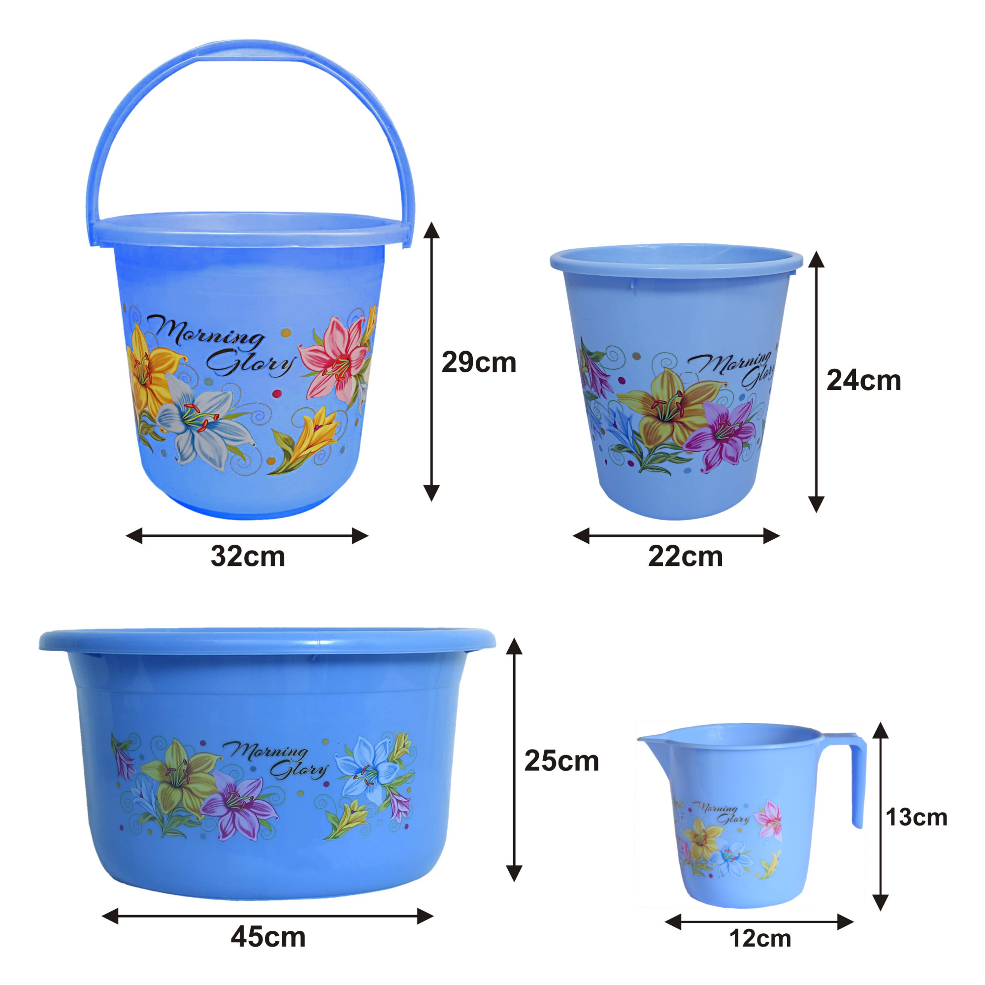 Kuber Industries Printed 4 Pieces Unbreakable Virgin Plastic Multipurpose Bucket, Dustbin, Mug & Tub Set (Blue)