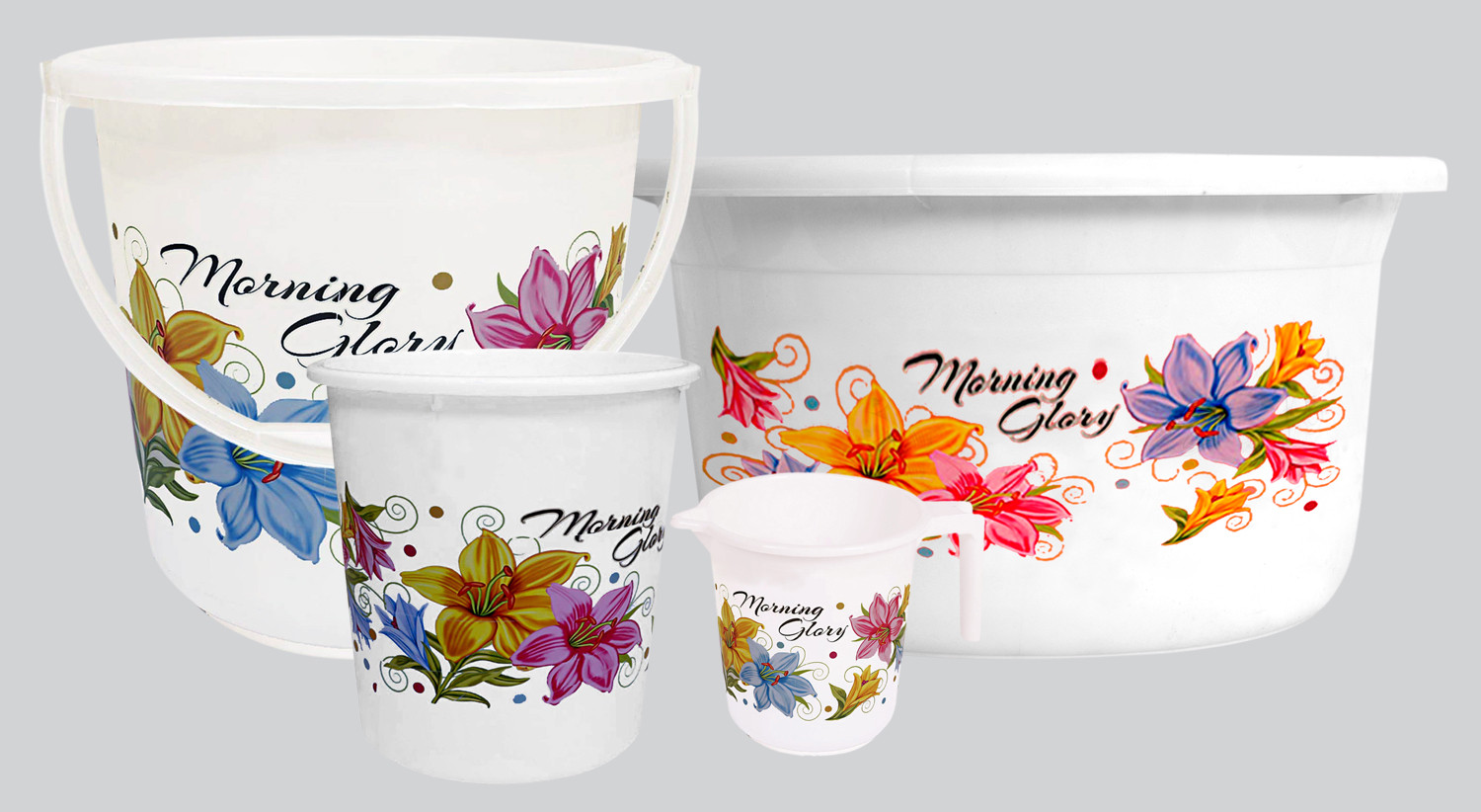 Kuber Industries Printed 4 Pieces Unbreakable Virgin Plastic Multipurpose Bucket, Dustbin, Mug & Tub Set (White)