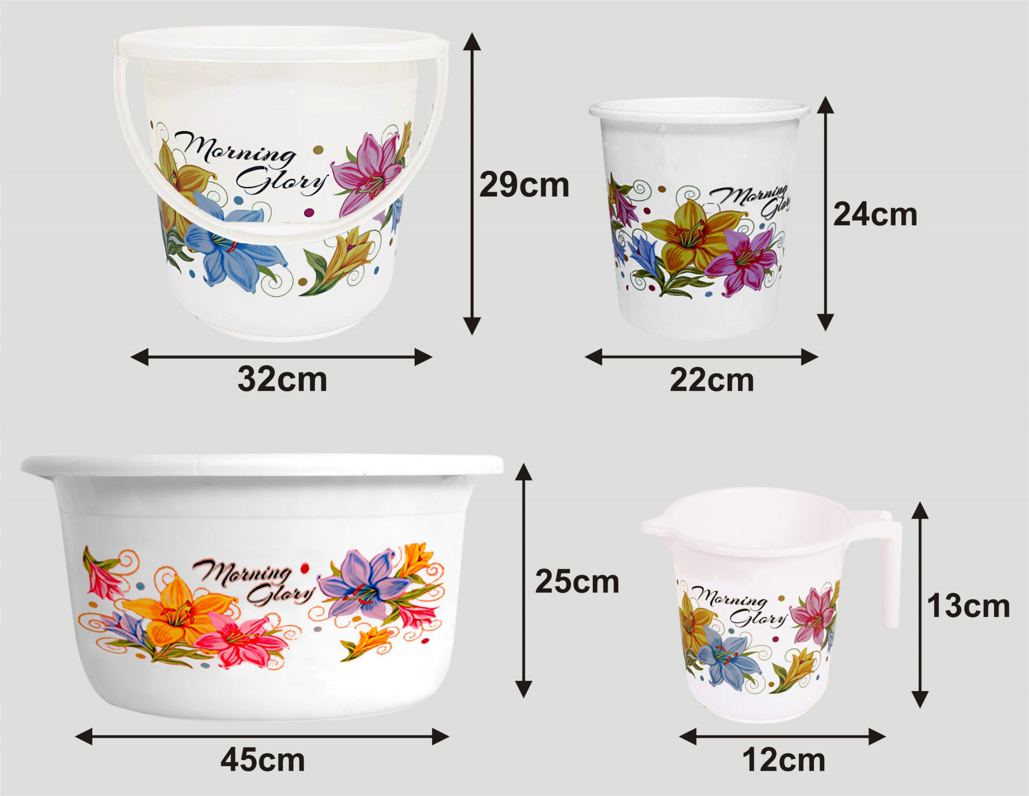 Kuber Industries Printed 4 Pieces Unbreakable Virgin Plastic Multipurpose Bucket, Dustbin, Mug & Tub Set (White)