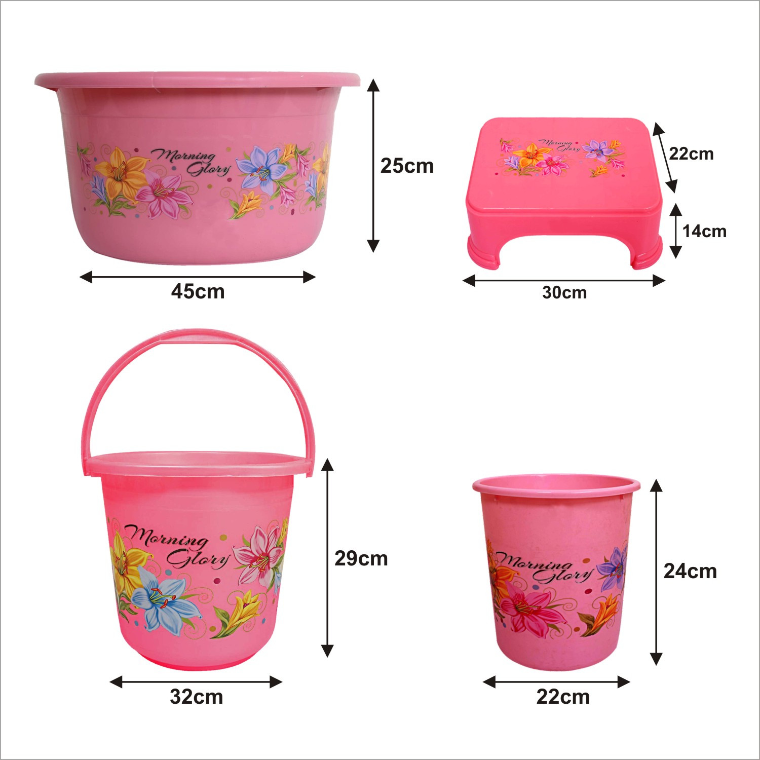 Kuber Industries Printed 4 Pieces Unbreakable Virgin Plastic Multipurpose Bucket, Stool, Dustbin & Tub Set (Pink)