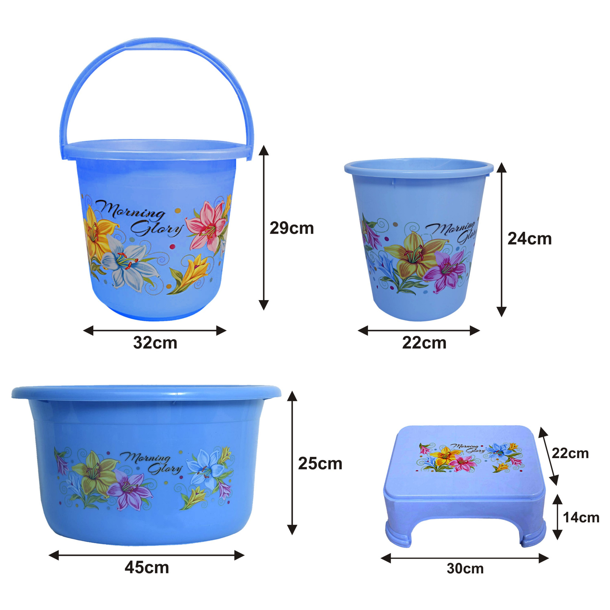 Kuber Industries Printed 4 Pieces Unbreakable Virgin Plastic Multipurpose Bucket, Stool, Dustbin & Tub Set (Blue)