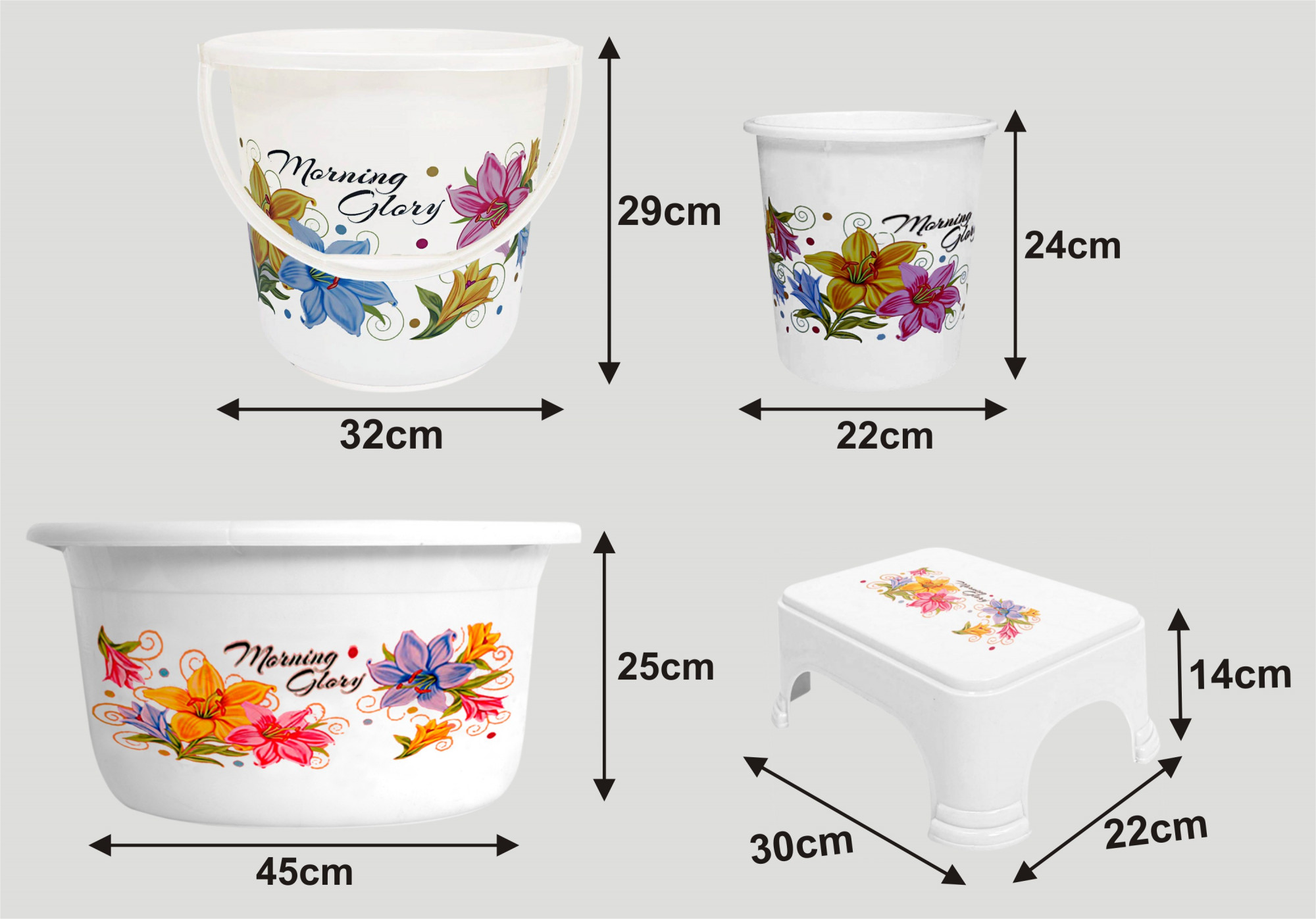 Kuber Industries Printed 4 Pieces Unbreakable Virgin Plastic Multipurpose Bucket, Stool, Dustbin & Tub Set (White)