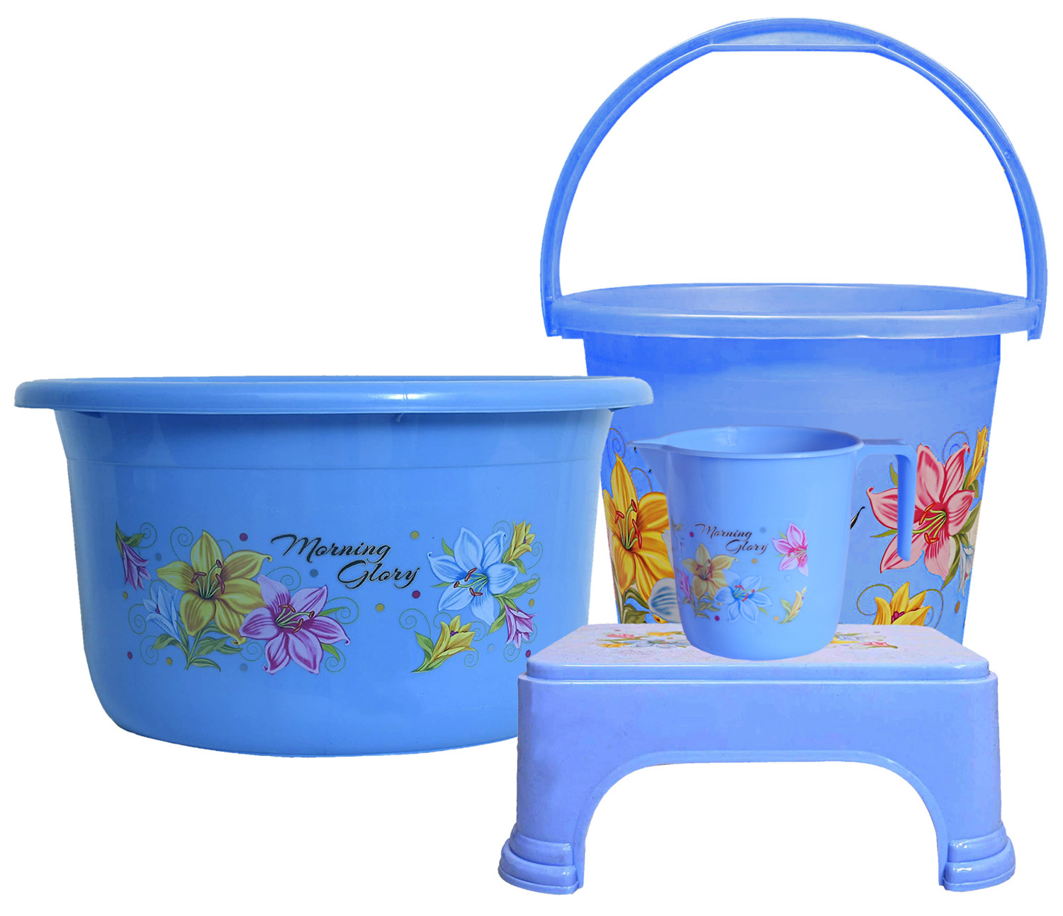 Kuber Industries Printed 4 Pieces Unbreakable Virgin Plastic Multipurpose Bucket, Stool, Mug & Tub Set (Blue)