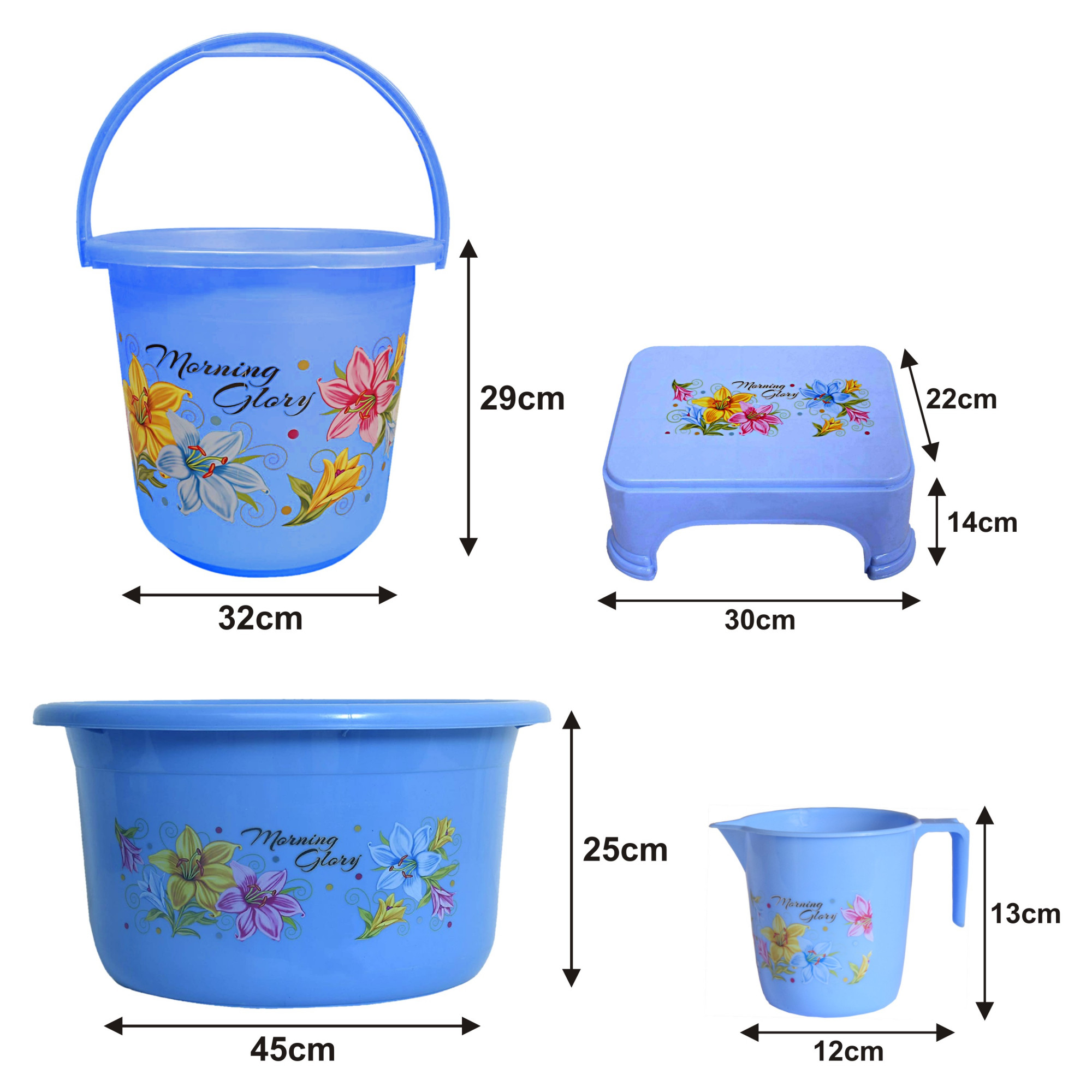 Kuber Industries Printed 4 Pieces Unbreakable Virgin Plastic Multipurpose Bucket, Stool, Mug & Tub Set (Blue)