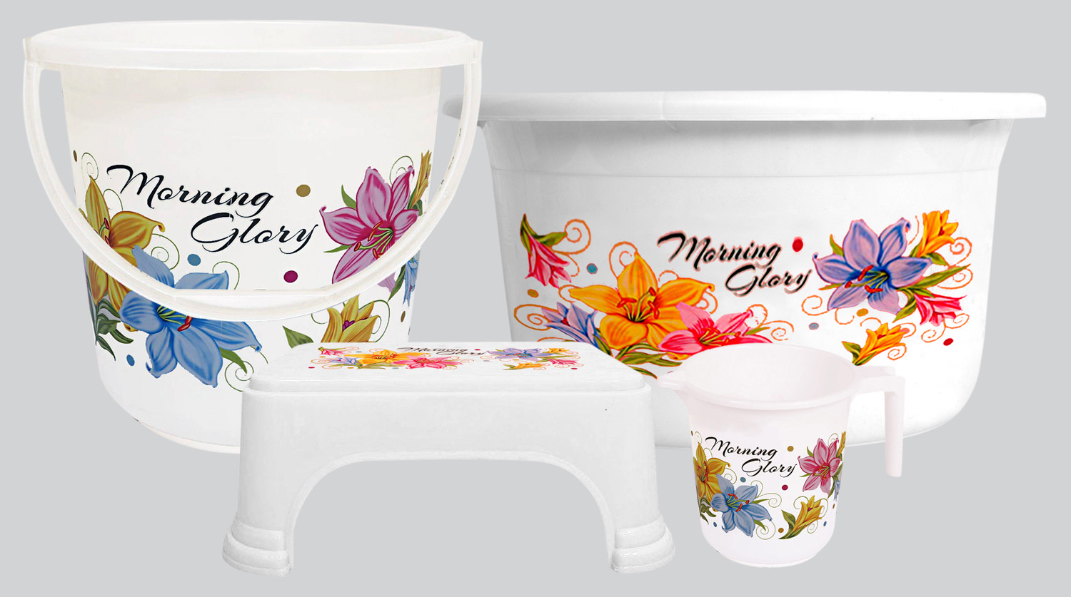Kuber Industries Printed 4 Pieces Unbreakable Virgin Plastic Multipurpose Bucket, Stool, Mug & Tub Set (White)