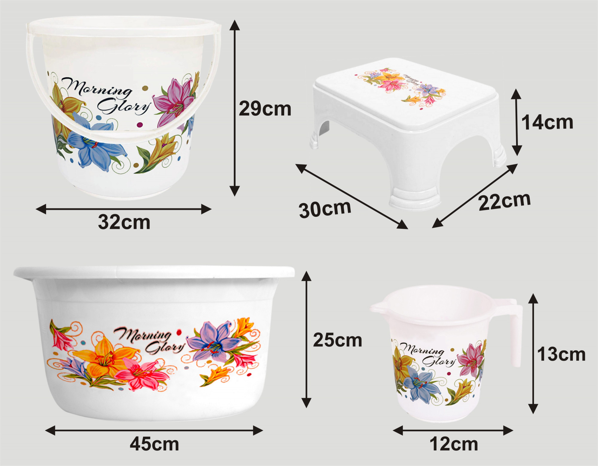 Kuber Industries Printed 4 Pieces Unbreakable Virgin Plastic Multipurpose Bucket, Stool, Mug & Tub Set (White)