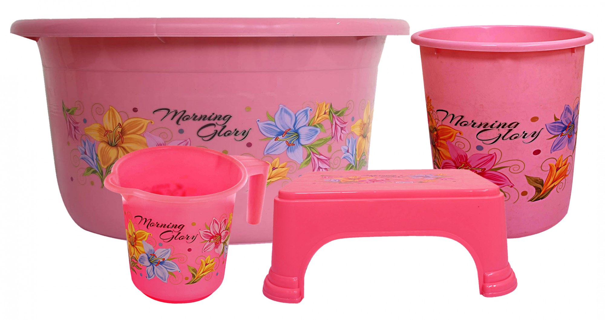 Kuber Industries Printed 4 Pieces Unbreakable Virgin Plastic Multipurpose Mug, Stool, Dustbin & Tub Set (Pink)