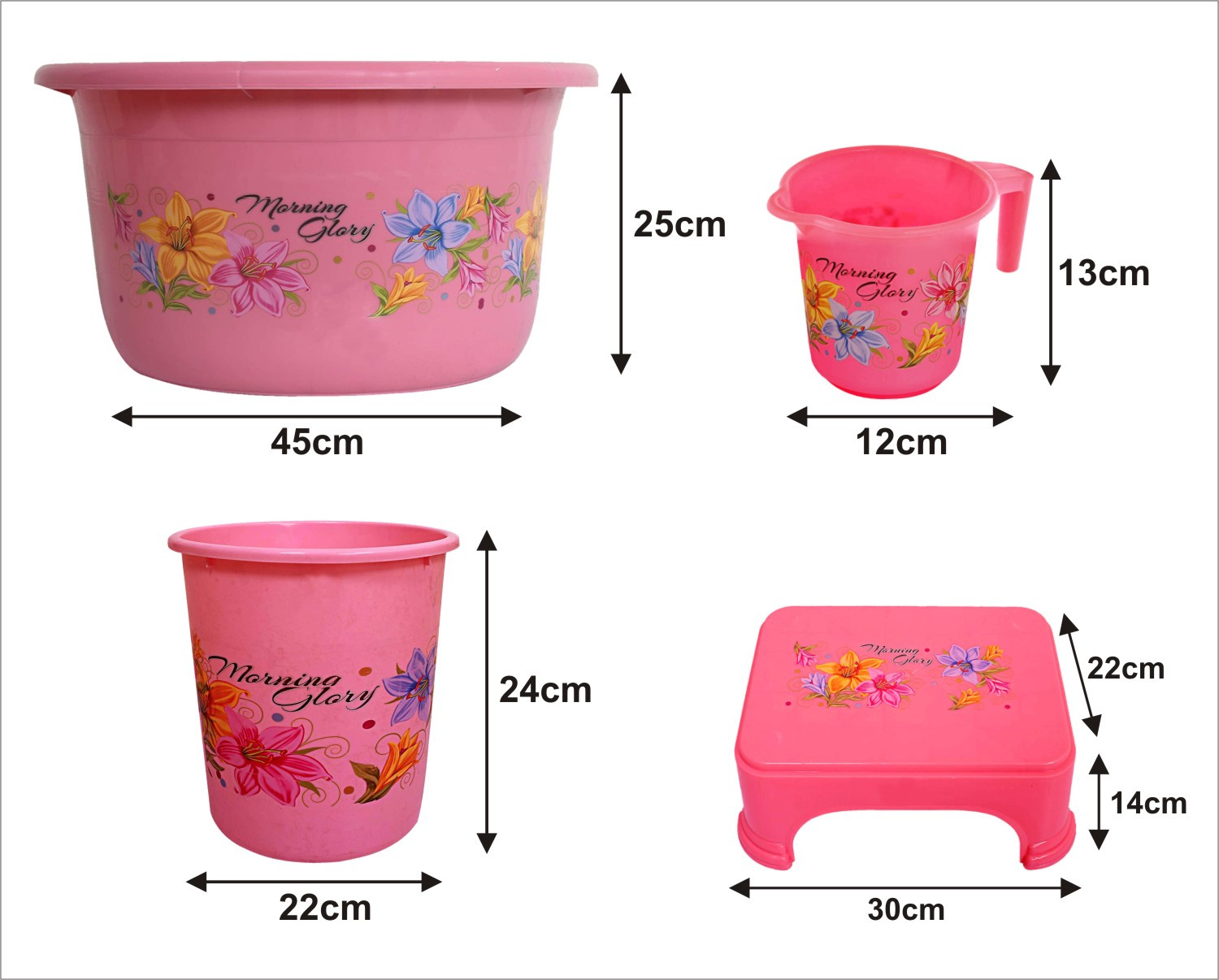 Kuber Industries Printed 4 Pieces Unbreakable Virgin Plastic Multipurpose Mug, Stool, Dustbin & Tub Set (Pink)