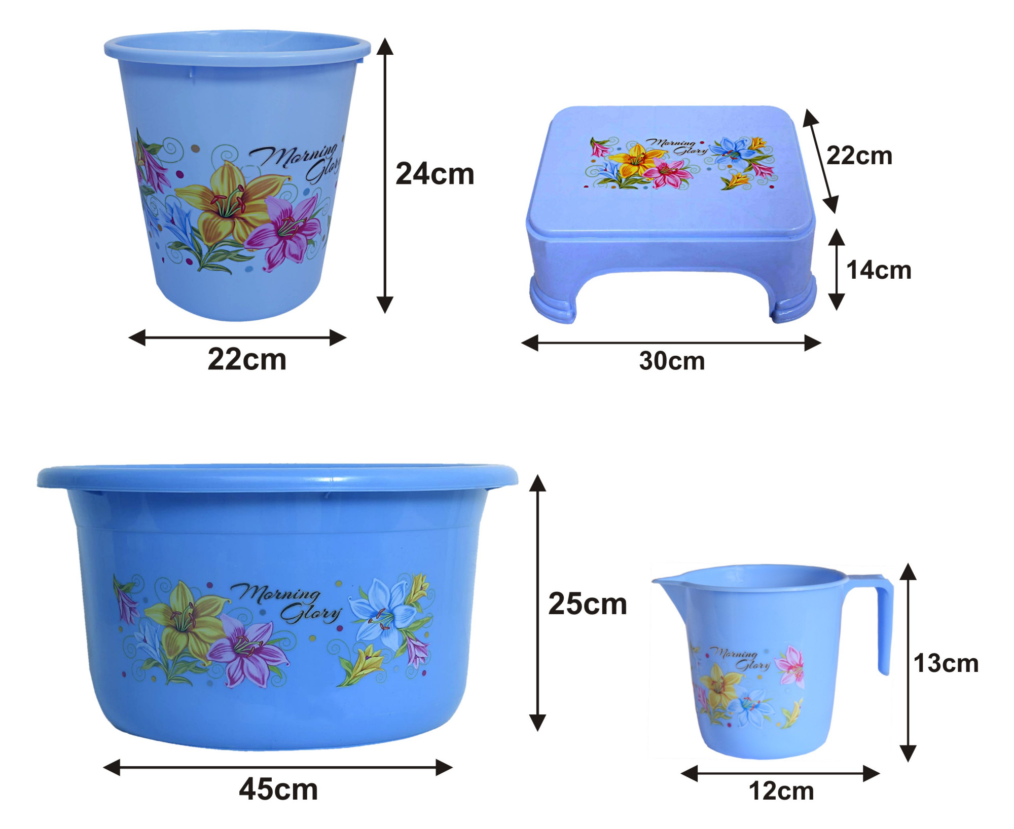 Kuber Industries Printed 4 Pieces Unbreakable Virgin Plastic Multipurpose Mug, Stool, Dustbin & Tub Set (Blue)