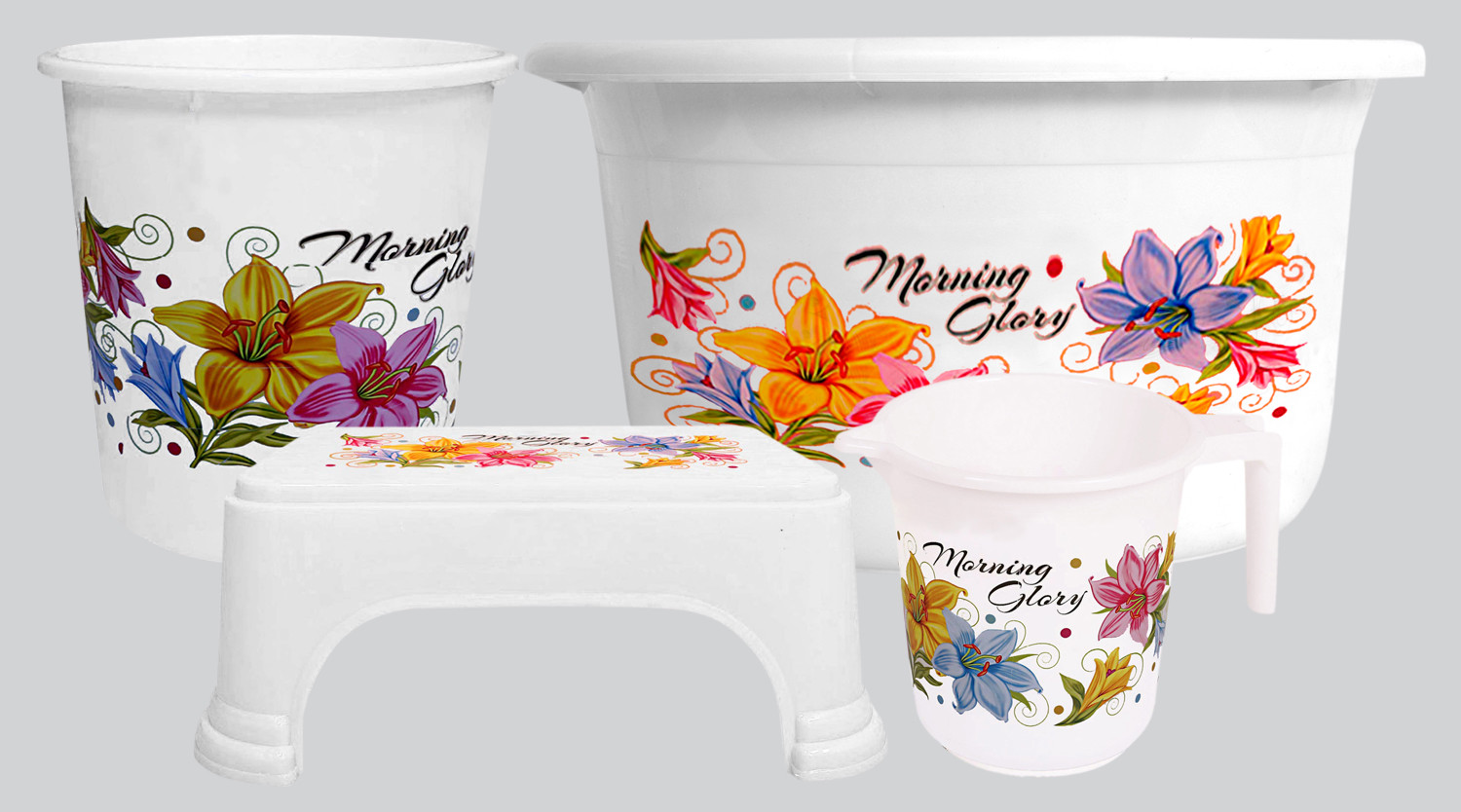 Kuber Industries Printed 4 Pieces Unbreakable Virgin Plastic Multipurpose Mug, Stool, Dustbin & Tub Set (White)