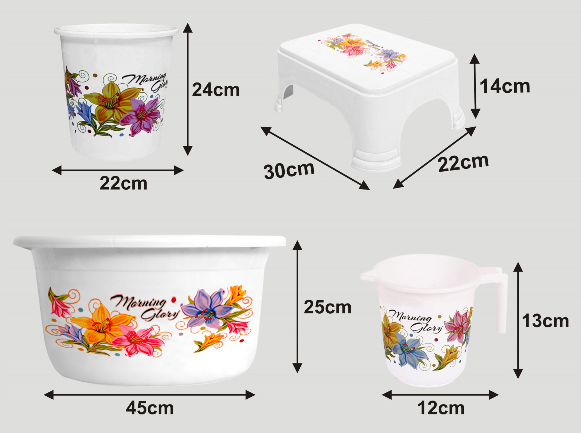 Kuber Industries Printed 4 Pieces Unbreakable Virgin Plastic Multipurpose Mug, Stool, Dustbin & Tub Set (White)