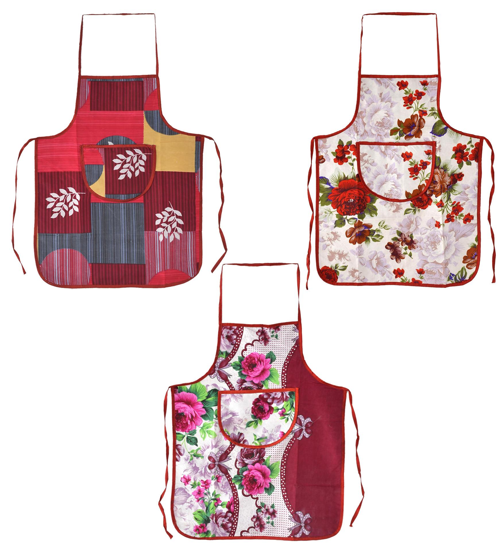 Kuber Industries Printed Apron with 1Front Pocket, Pack of 3 (Pink & Red & Pink)