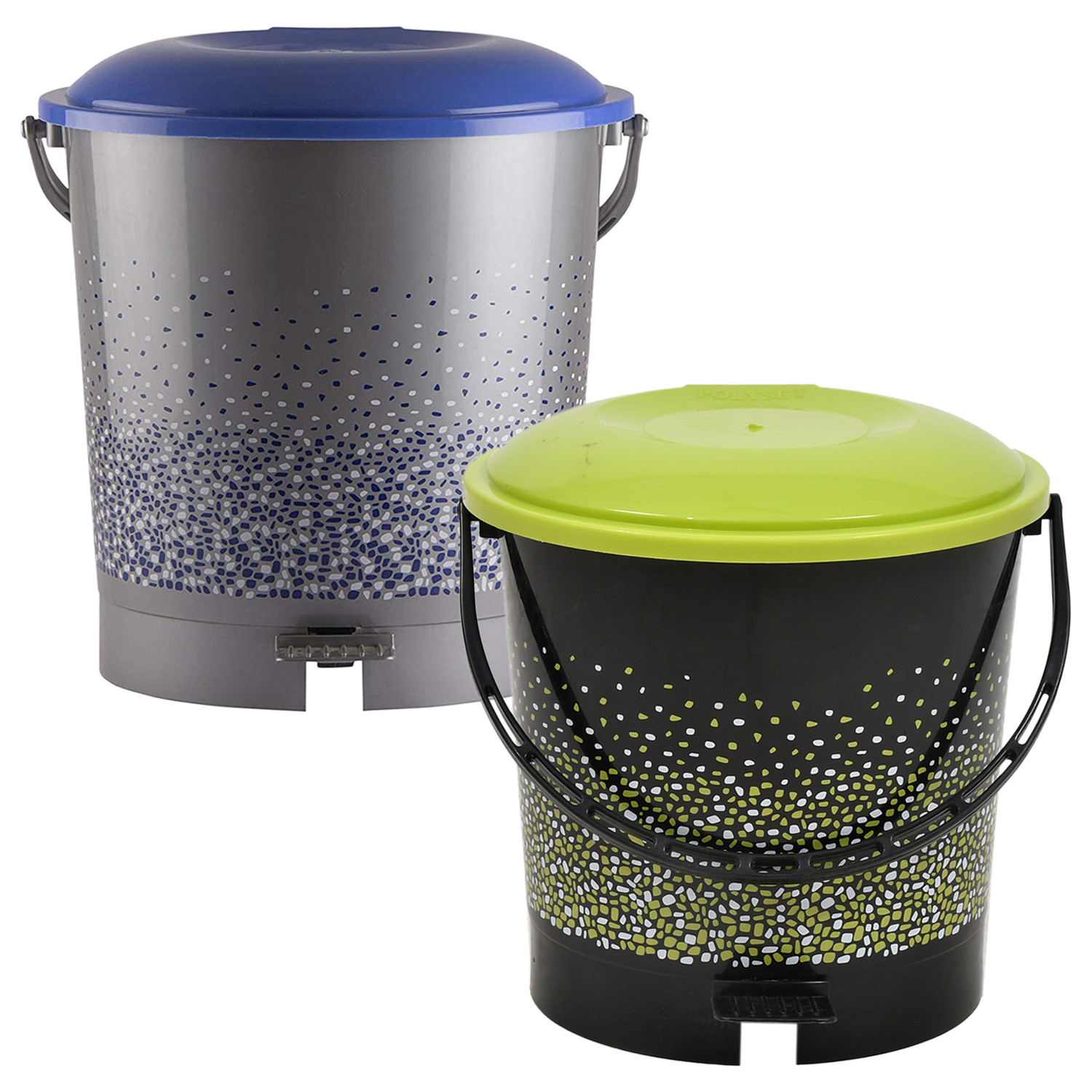 Kuber Industries Printed Multiuses Plastic Pedal Dustbin, Waste Bin, Trash Can With Handle, 7 Litre- Pack of 2 (Grey & Black)-47KM0747