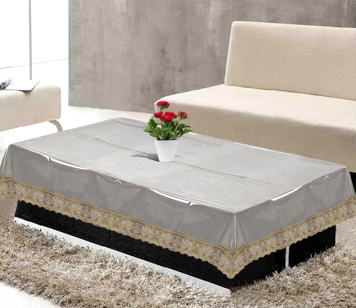Kuber Industries PVC 4 Seater Center Table Cover With Gold Lace Border 40