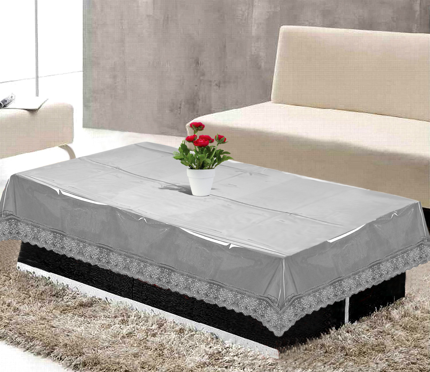 Kuber Industries PVC 4 Seater Center Table Cover With Silver Lace Border 40