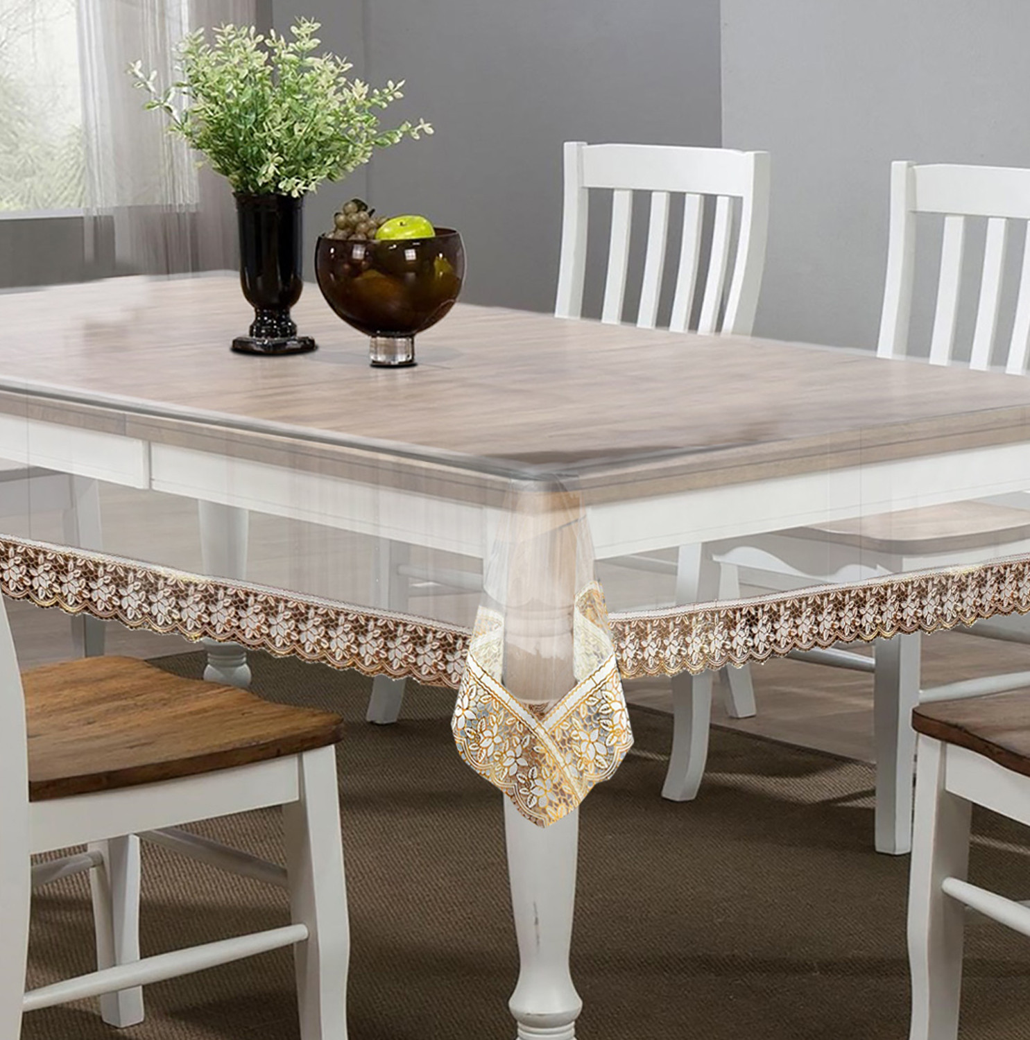 Kuber Industries PVC 4 Seater Tranasparent Dining Table Cover, Protector With Gold Border, 45