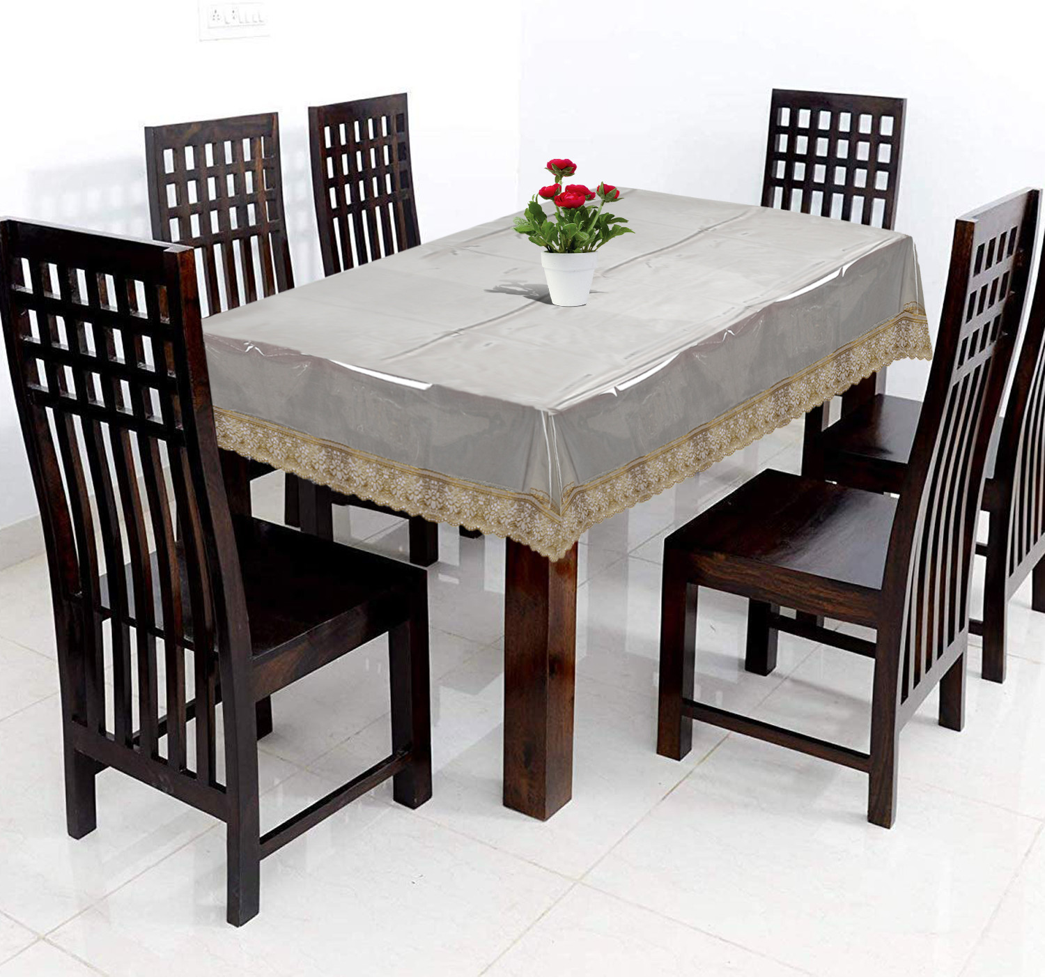 Kuber Industries PVC 6 Seater Center Table Cover With Gold Lace Border 60X90 Black Transparent