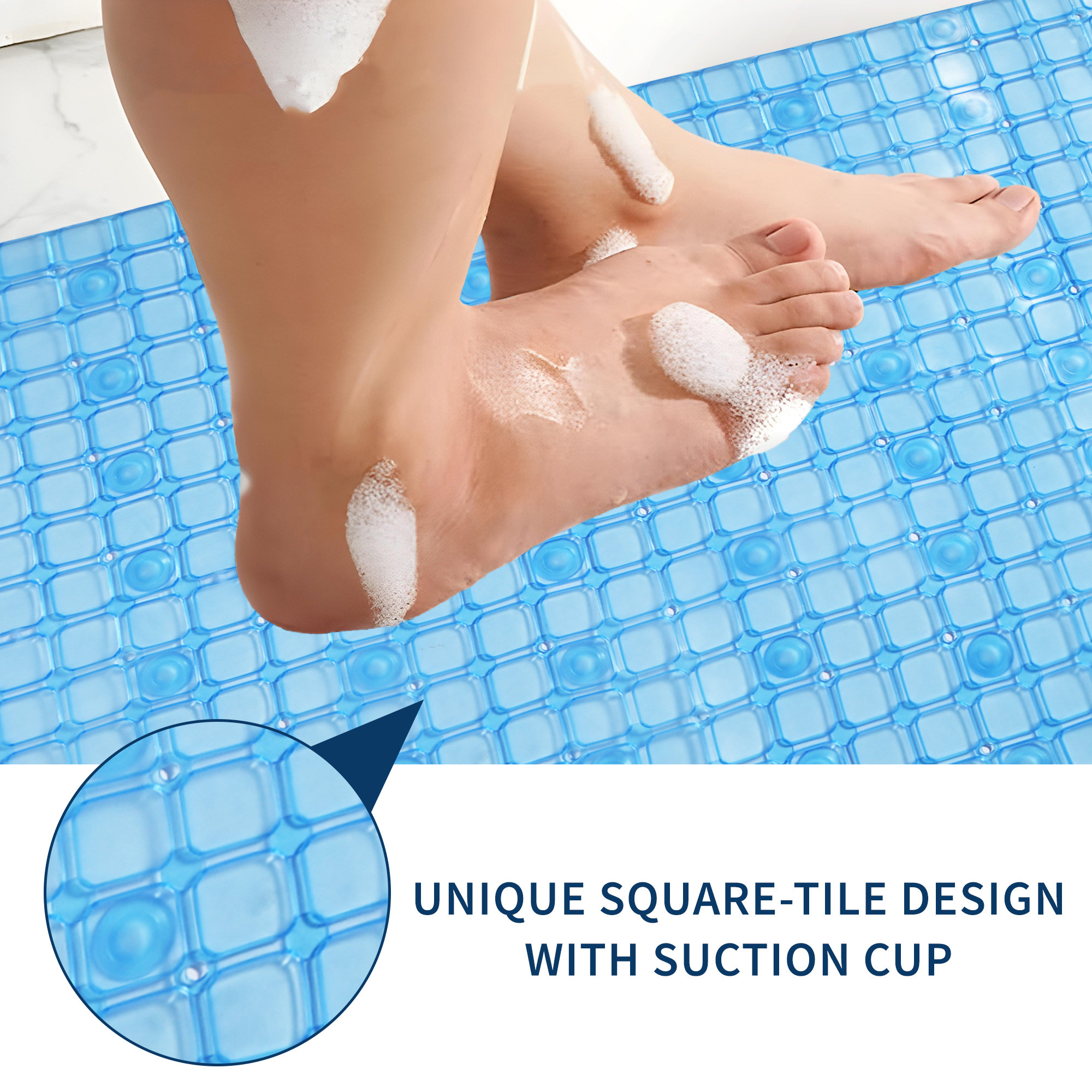 Kuber Industries PVC Anti Skid Bathroom Mat with Suction Cups and Drain Holes  Multipurpose  Washable Shower and Bathtub Floor Mat for Home  Check Print - Blue