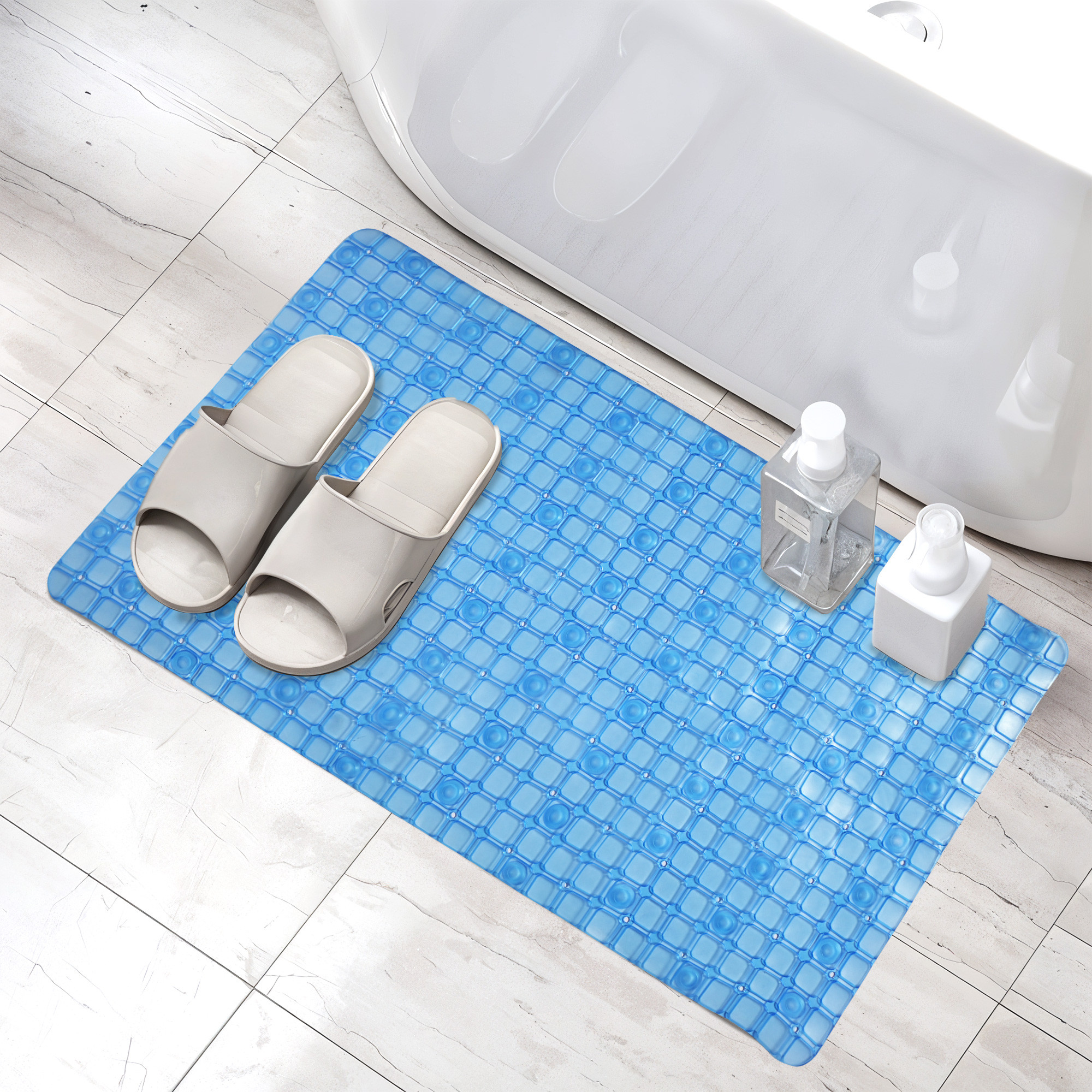 Kuber Industries PVC Anti Skid Bathroom Mat with Suction Cups and Drain Holes  Multipurpose  Washable Shower and Bathtub Floor Mat for Home  Check Print - Blue