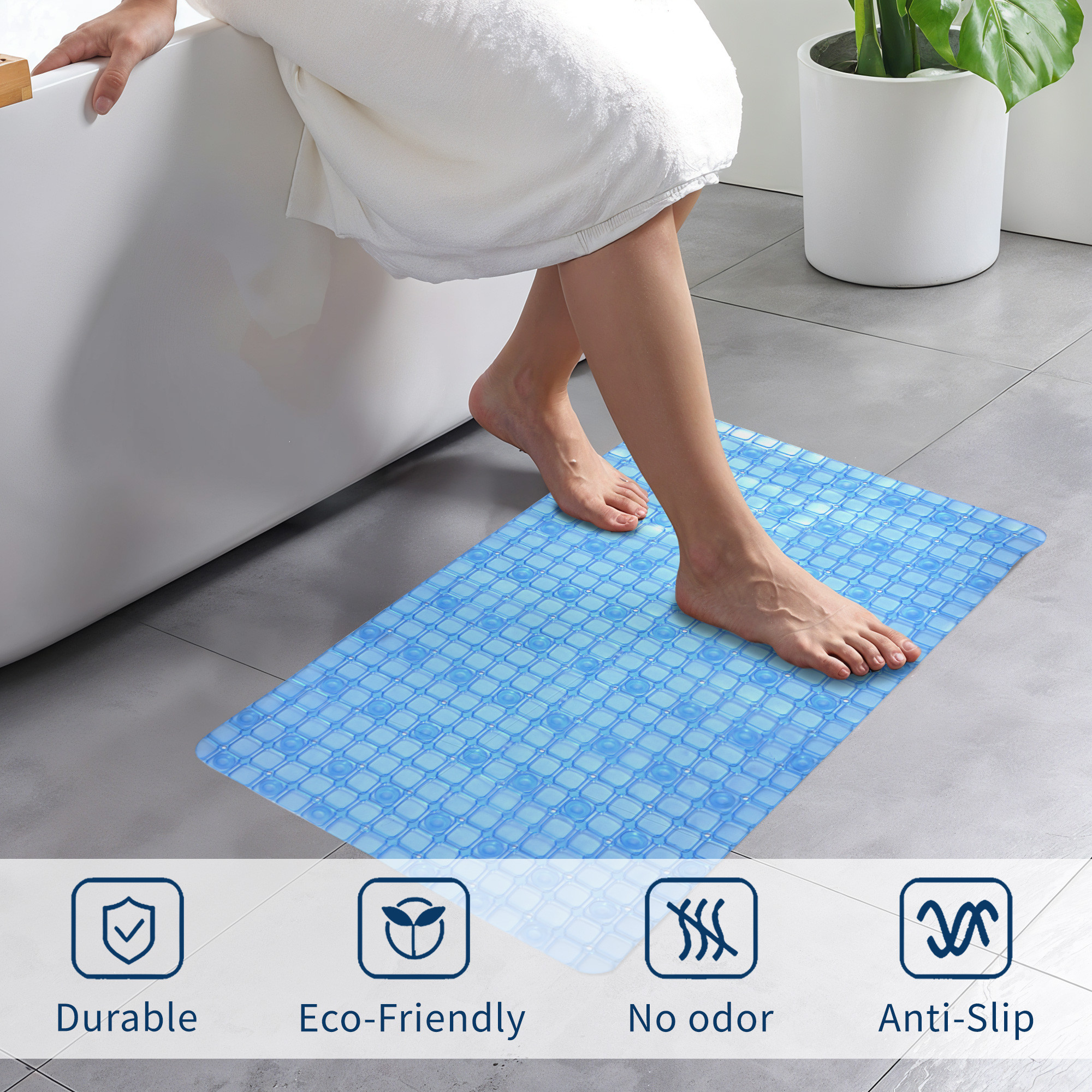 Kuber Industries PVC Anti Skid Bathroom Mat with Suction Cups and Drain Holes  Multipurpose  Washable Shower and Bathtub Floor Mat for Home  Check Print - Blue