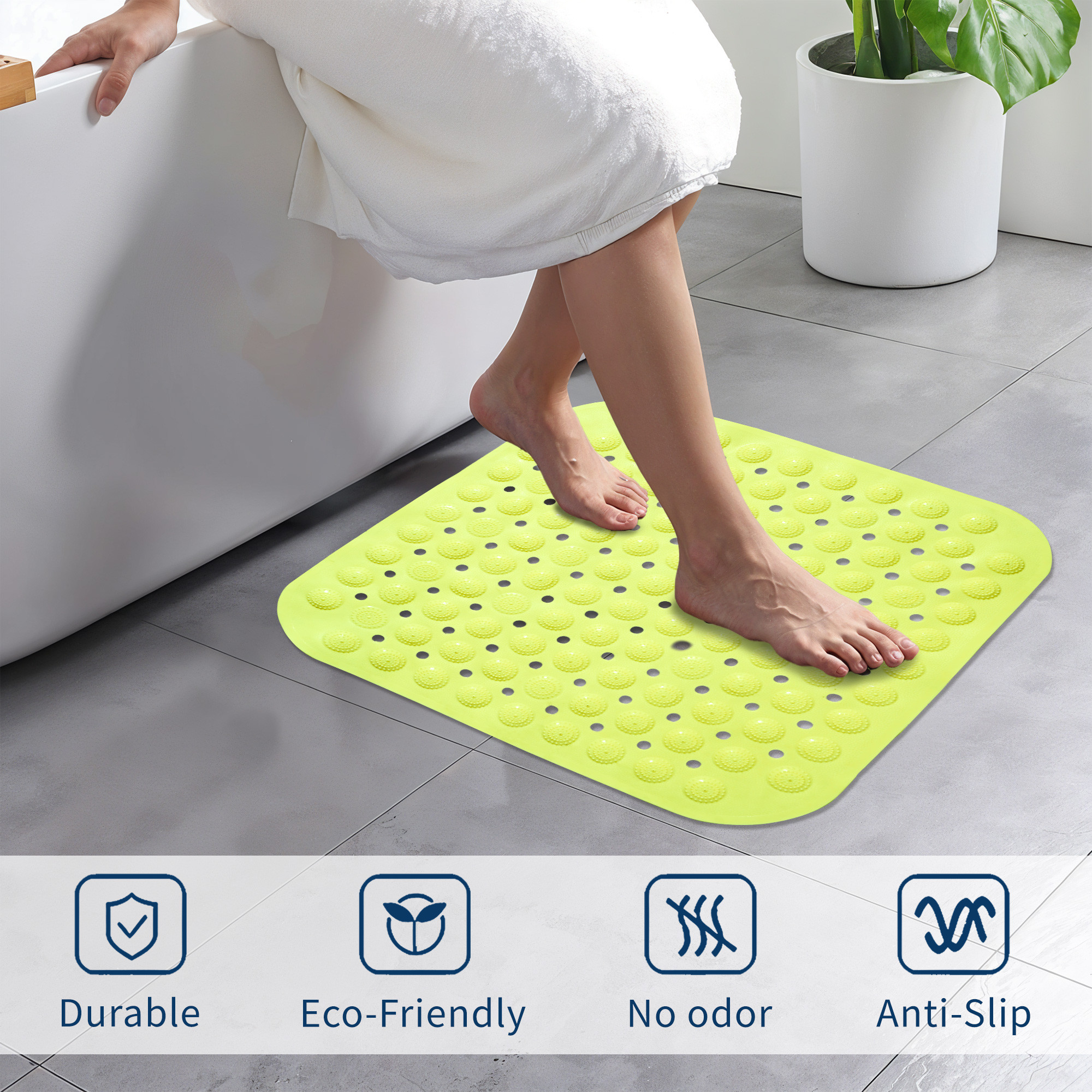 Kuber Industries PVC Anti Skid Bathroom Mat with Suction Cups and Drain Holes  Multipurpose  Washable Shower and Bathtub Floor Mat for Home  Square Print - Green