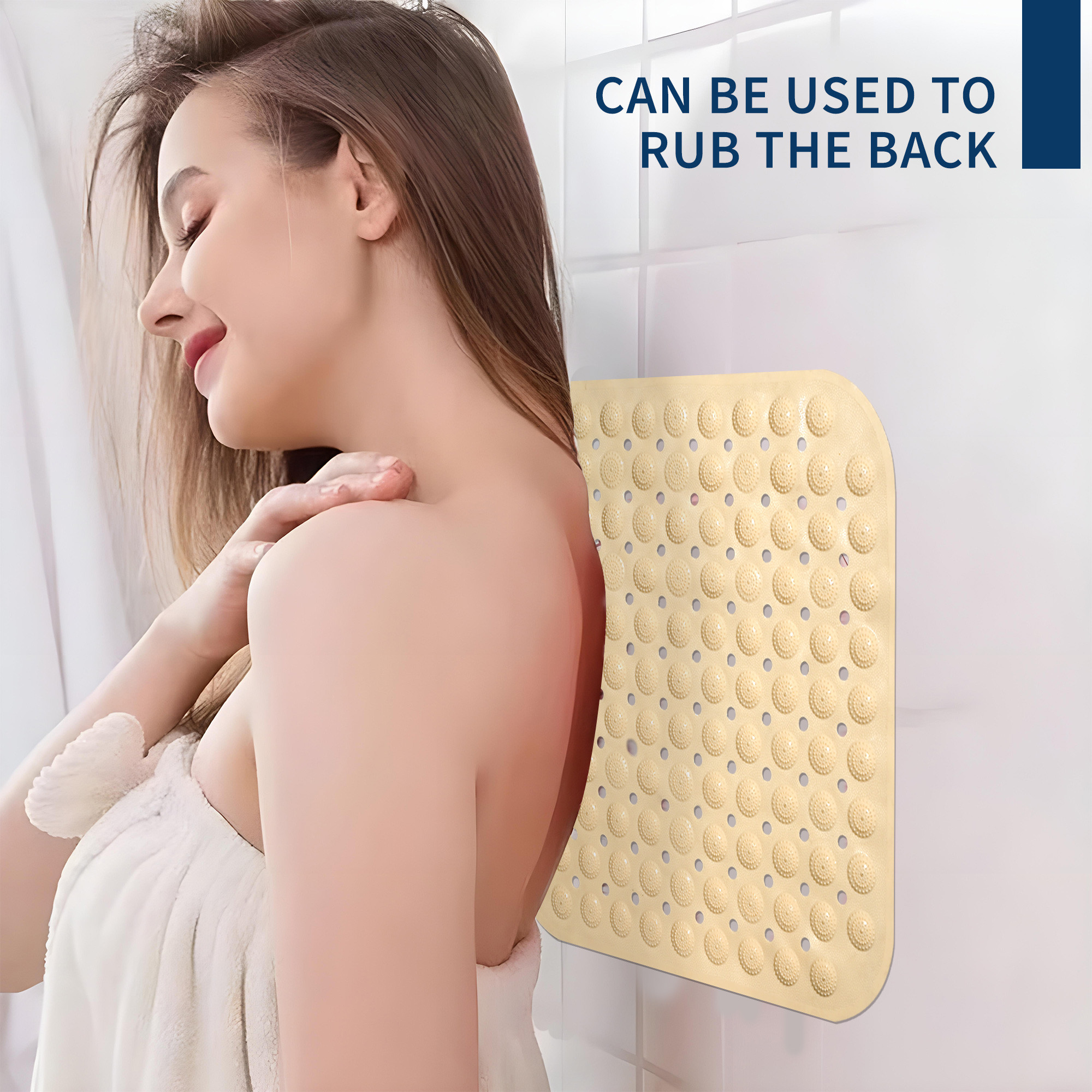 Kuber Industries PVC Anti Skid Bathroom Mat with Suction Cups and Drain Holes  Washable Shower and Bathtub Floor Mat for Home  Square Print - Cream