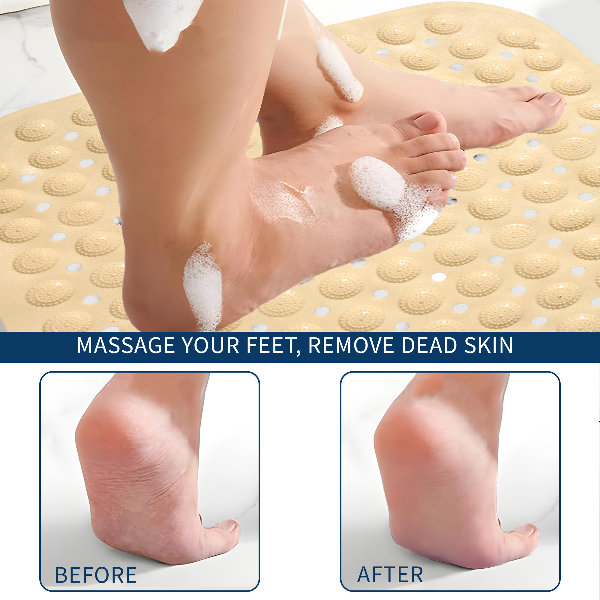 Kuber Industries PVC Anti Skid Bathroom Mat with Suction Cups and Drain Holes  Washable Shower and Bathtub Floor Mat for Home  Square Print - Cream