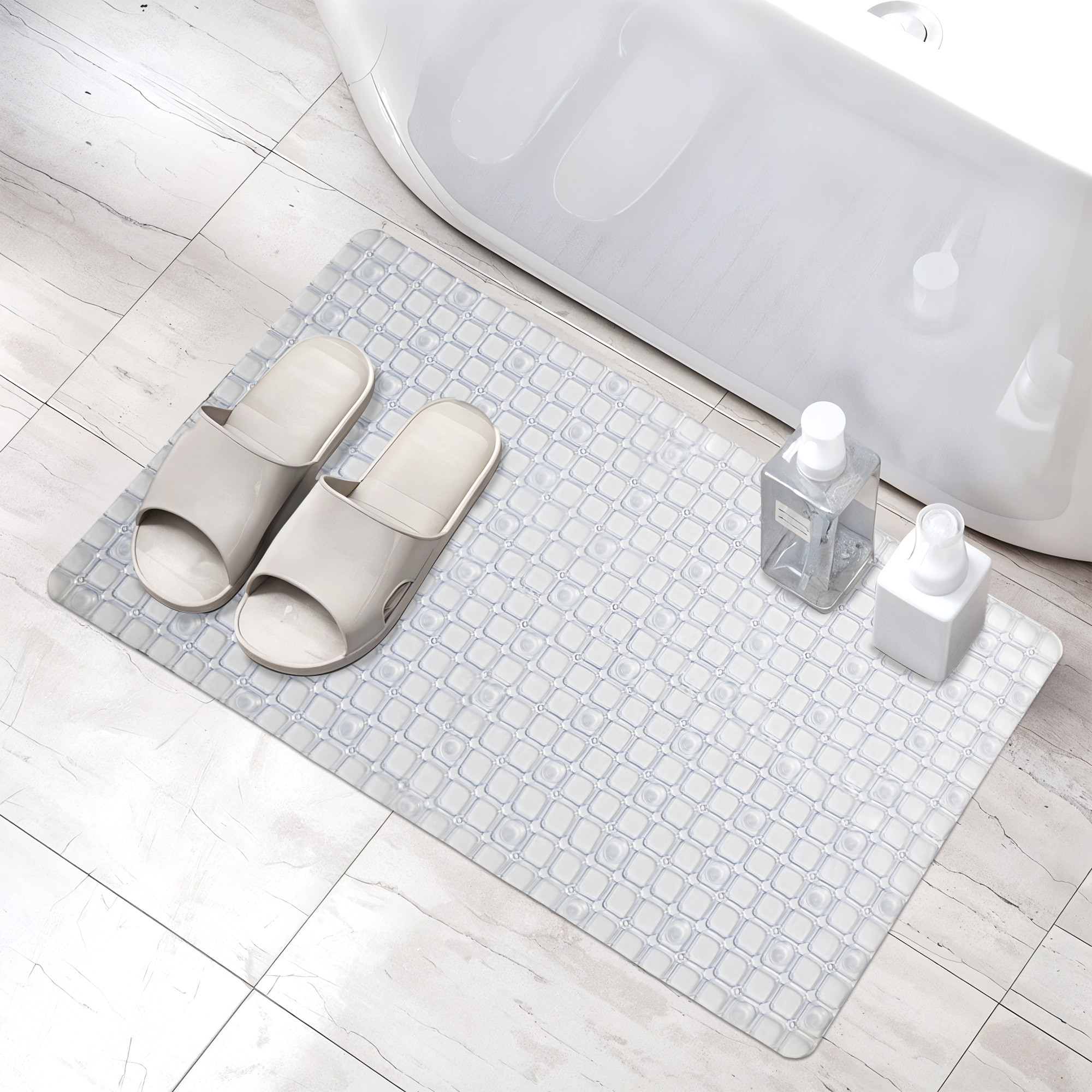 Kuber Industries PVC Anti Skid Bathroom Mat with Suction Cups and Drain Holes  Washable Shower and Bathtub Floor Mat for Home  Check Print - White