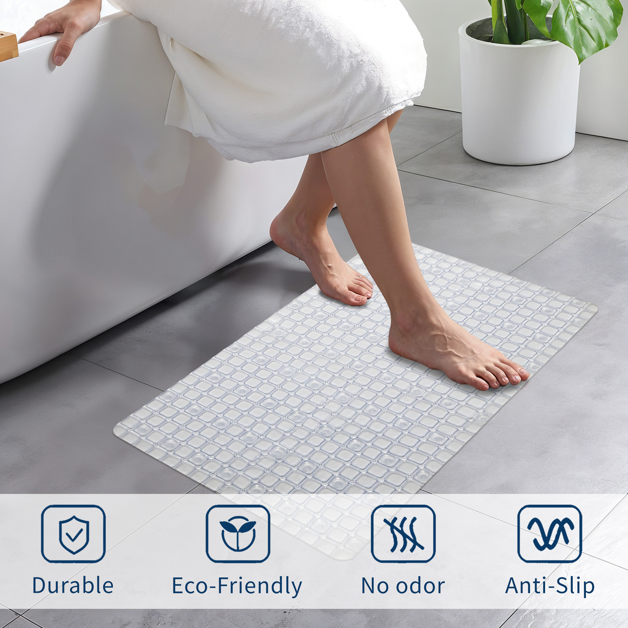 Kuber Industries PVC Anti Skid Bathroom Mat with Suction Cups and Drain Holes  Washable Shower and Bathtub Floor Mat for Home  Check Print - White