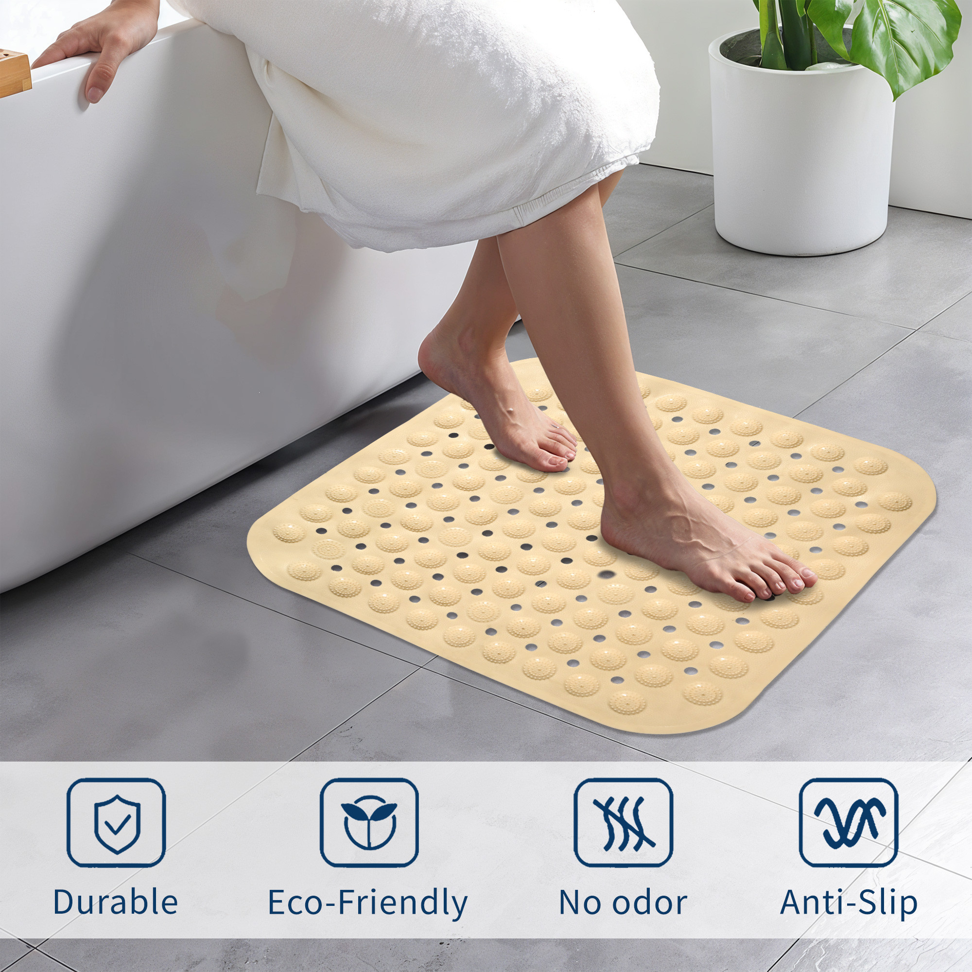 Kuber Industries PVC Anti Skid Bathroom Mat with Suction Cups and Drain Holes  Washable Shower and Bathtub Floor Mat for Home  Square Print - Cream