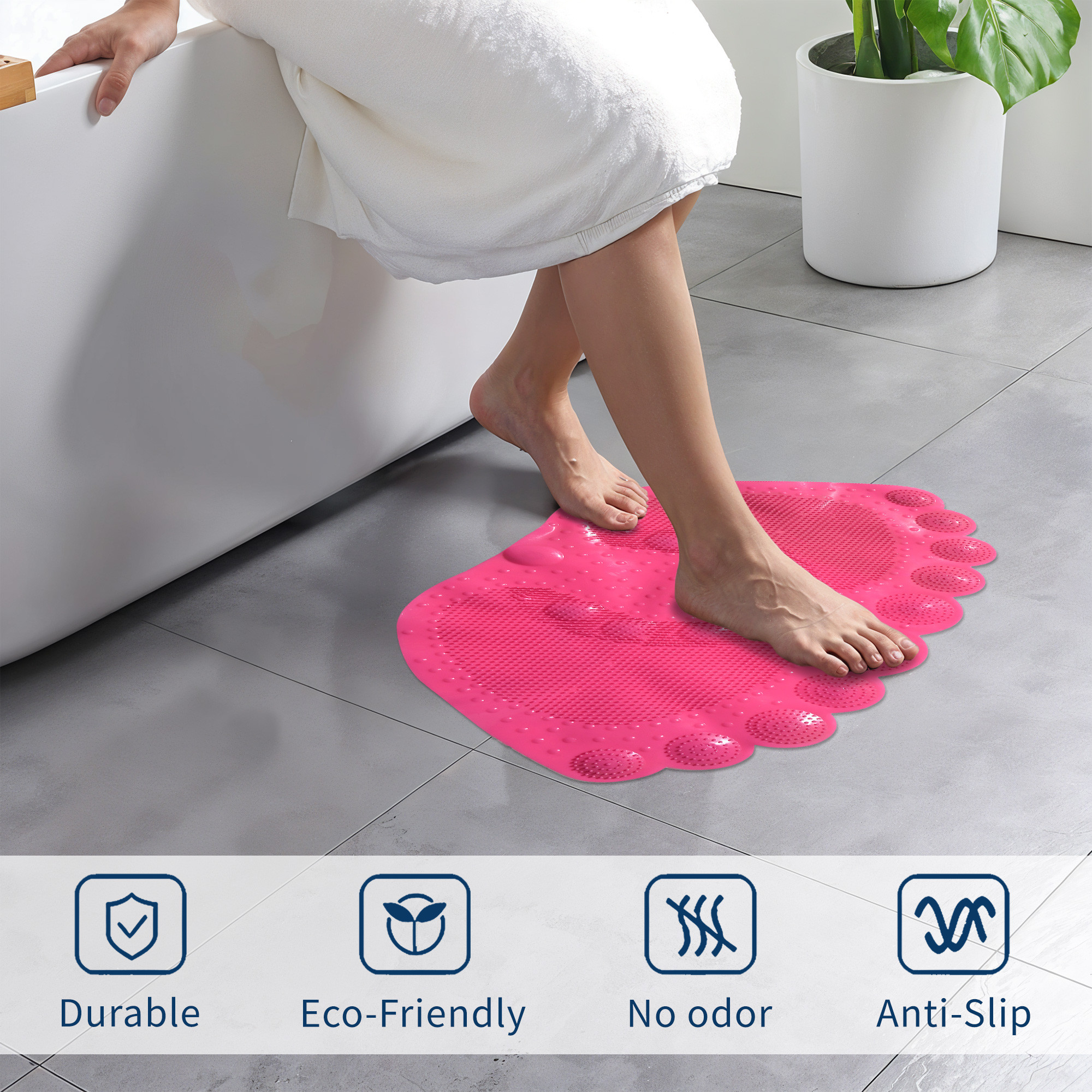 Kuber Industries PVC Anti Skid Bathroom Mat with Suction Cups and Foot Massager for Dead Skin Remover  Shower and Bathtub Floor Mat for Home  Foot Shape Print - Pink