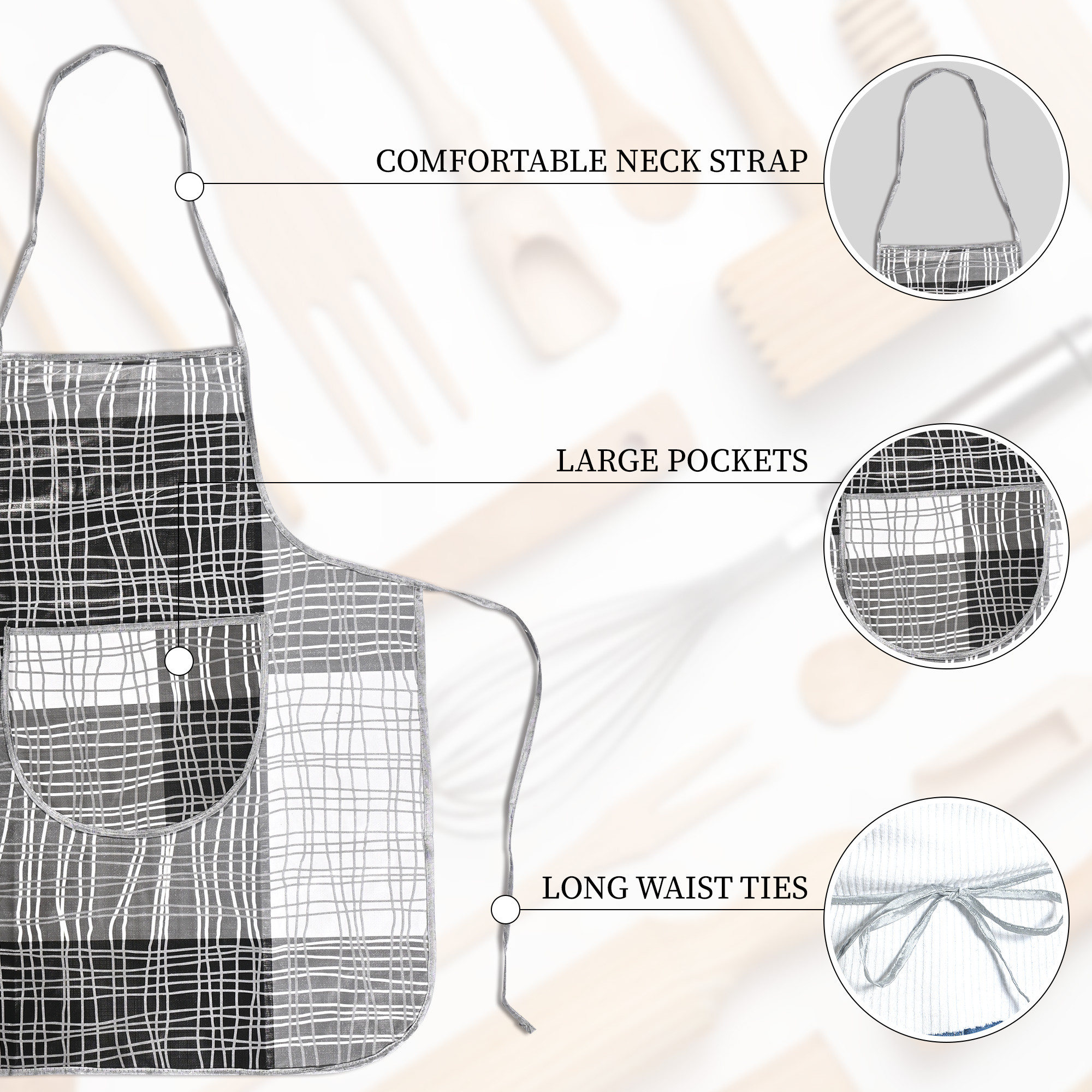 Kuber Industries PVC Apron for Kitchen with Center Pocket  Machine Washable Cooking Aprons for Women  Men - Ideal for Home  Restaurant  Lining Print - Grey  Black