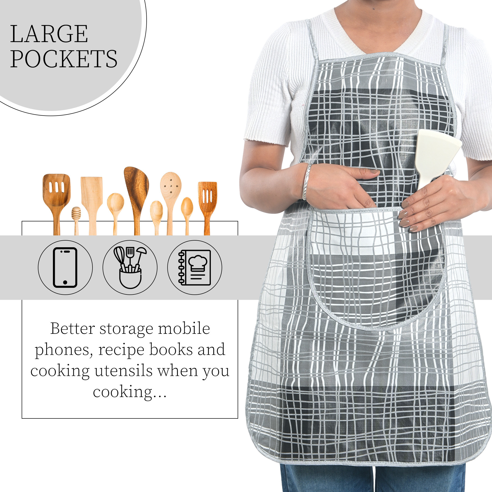 Kuber Industries PVC Apron for Kitchen with Center Pocket  Machine Washable Cooking Aprons for Women  Men - Ideal for Home  Restaurant  Lining Print - Grey  Black