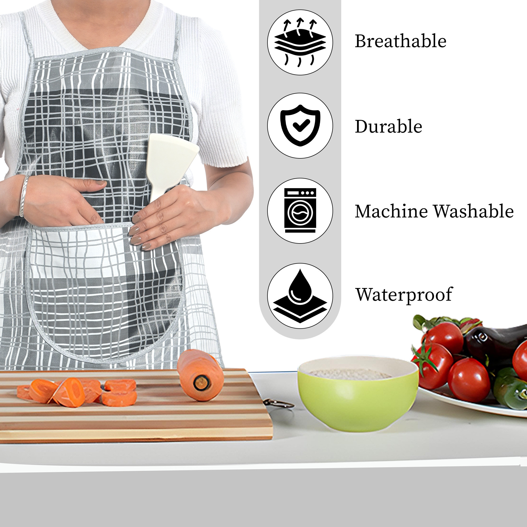 Kuber Industries PVC Apron for Kitchen with Center Pocket  Machine Washable Cooking Aprons for Women  Men - Ideal for Home  Restaurant  Lining Print - Grey  Black